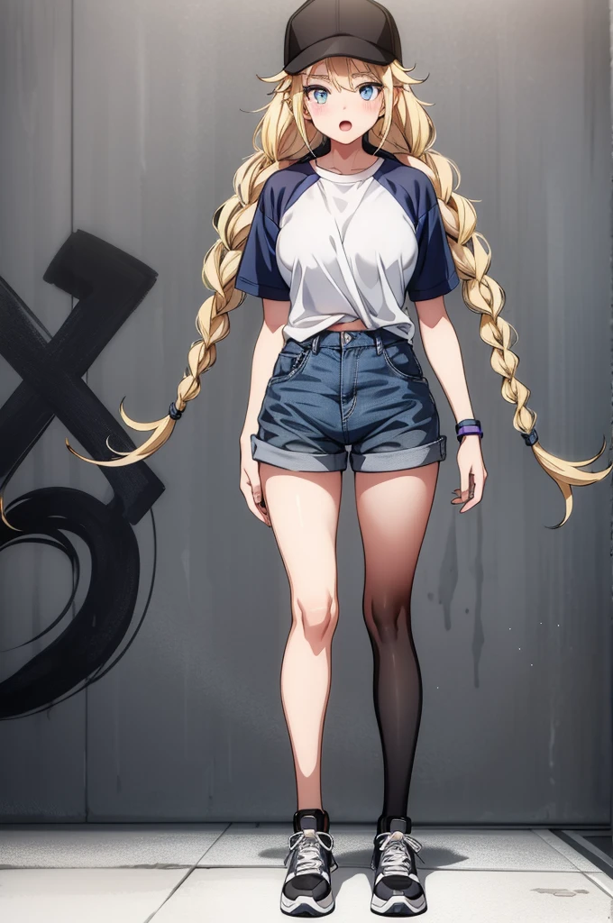 (((grayscale)))(masterpiece:1.2, best quality), (graffiti wall:1.15), 1lady, beanie, jacket, Leggings, blue eyes, fullbody,an attractive female cartoon character with blonde hair and shorts on standing up in a cap, 1girl, solo, twin braids, long hair, braid, blue eyes, hat, shorts, blonde hair, shirt, open mouth, wristband, white shirt, baseball cap, breasts, gradient background, short sleeves, shirt tucked in, blush, gradient, looking at viewer, thighs, black headwear