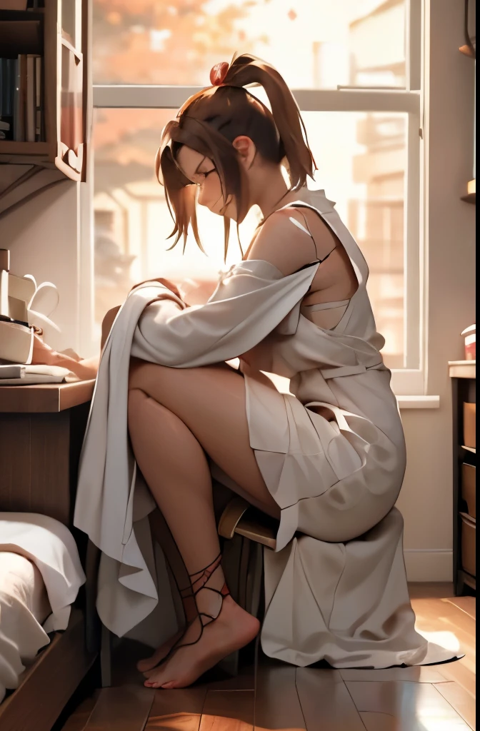 A Female robot is sleeping in bedroom, spread legs, nude, banzai pose. she wears no dress. She Brown short hair is tied with two big red clothespins, She lifts up the under hem of her white plain dress, leaning over, masterpiece, very short pigtails,brown hair, mature, android, blue eyes, full body figure, Height: 160cm, flushed cheeks, 2020s anime picture, A beautiful robot with short brown hair in two short pigtails held up by two very large huge red clothespins, Uplifting, No NSFW, whole body, barefoot, archaic smile, getting orgasm, 25 years old, sweat bucket. 