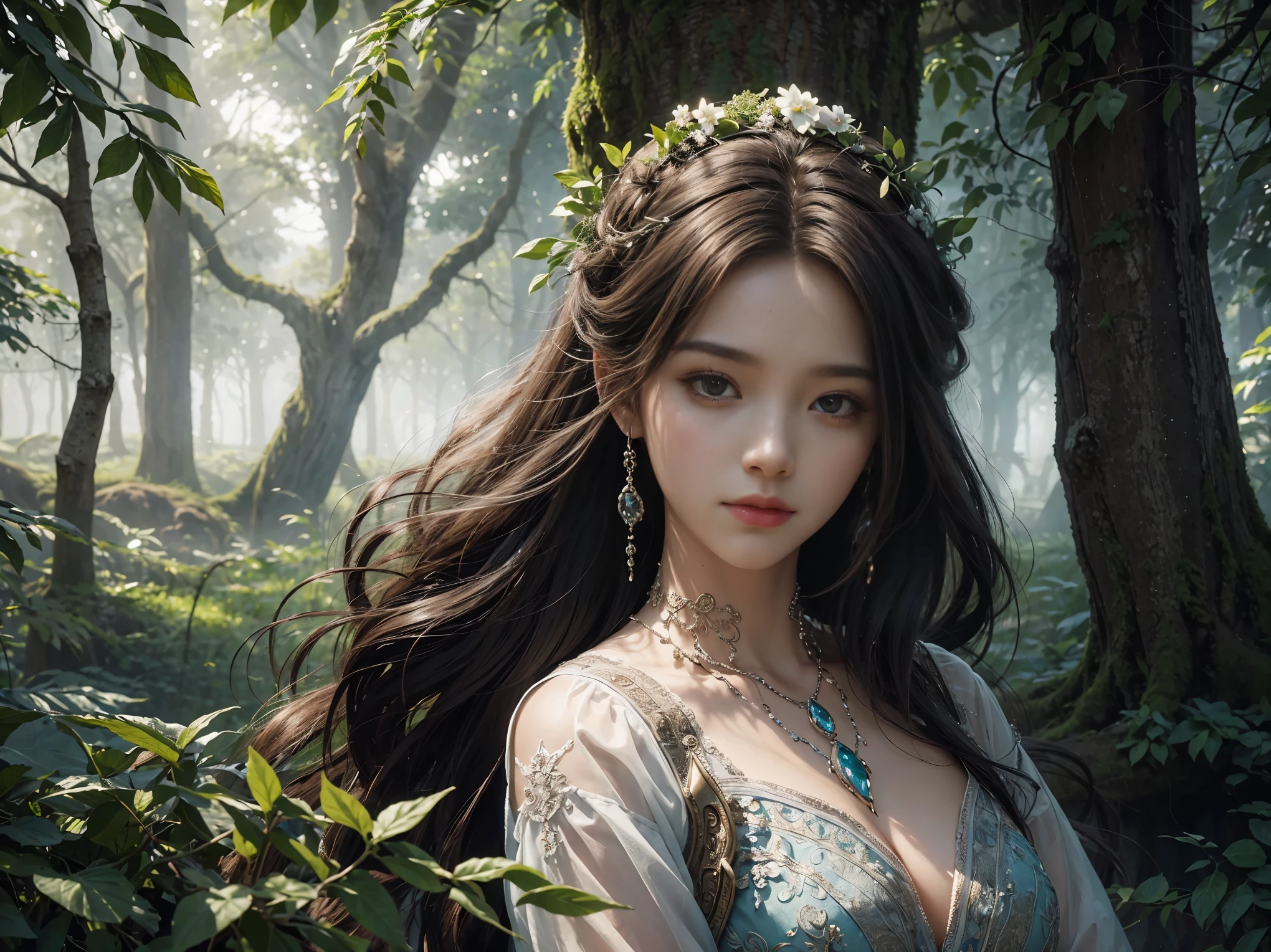 An ethereal portrait of a Goddess intertwined with the intricate branches of an ancient tree, highlighting the mystical bond, There is an ancient wall with ancient stories carved in high relief in the background., covered with fog and smoke,Light filters in from under the shade of a tree.,morning time,Mysterious atmosphere, Very high detail,The most realistic image,Masterpiece,Very high quality--ar 3:4 --style raw --stylize 300
