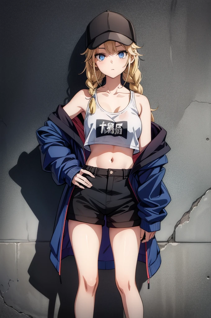 (((grayscale)))(masterpiece:1.2, best quality), (graffiti wall:1.15), 1lady, beanie, jacket, Leggings, blue eyes, fullbodyanime style anime hentai anime wallpaper by seki-hara, 1girl, solo, hat, baseball cap, blonde hair, blue eyes, black shorts, braid, navel, shorts, long hair, crop top, breasts, twin braids, off shoulder, looking at viewer, stomach, jacket, black headwear, short shorts, shirt, midriff, collarbone, long sleeves, hand on hip, blue jacket