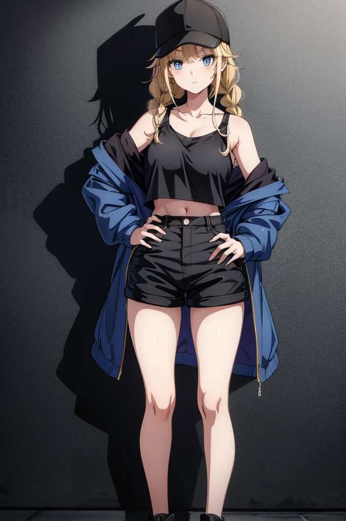 (((grayscale)))(masterpiece:1.2, best quality), (graffiti wall:1.15), 1lady, beanie, jacket, Leggings, blue eyes, fullbodyanime style anime hentai anime wallpaper by seki-hara, 1girl, solo, hat, baseball cap, blonde hair, blue eyes, black shorts, braid, navel, shorts, long hair, crop top, breasts, twin braids, off shoulder, looking at viewer, stomach, jacket, black headwear, short shorts, shirt, midriff, collarbone, long sleeves, hand on hip, blue jacket