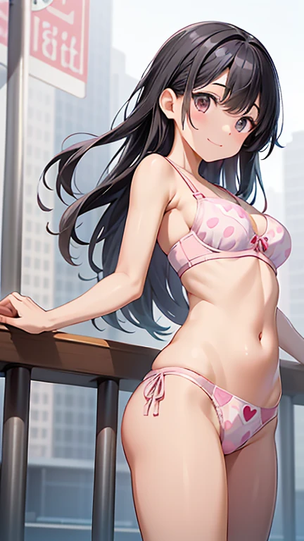 pieces fly、highest quality、High resolution、nffsw、perfect pixel、1 girl、cute、perfect body、anatomically correct、beautiful eyelashes, realistic eyes、smile、((Clear pink heart print bra))、((Clear pink heart pattern panties))、wearing only underwear、smooth texture:0.75、outdoor blue sky、I can see your pants、I can see your bra、Bright overall、cinematic light、black hair、brown eyes、angle from behind、Turn your buttocks towards you