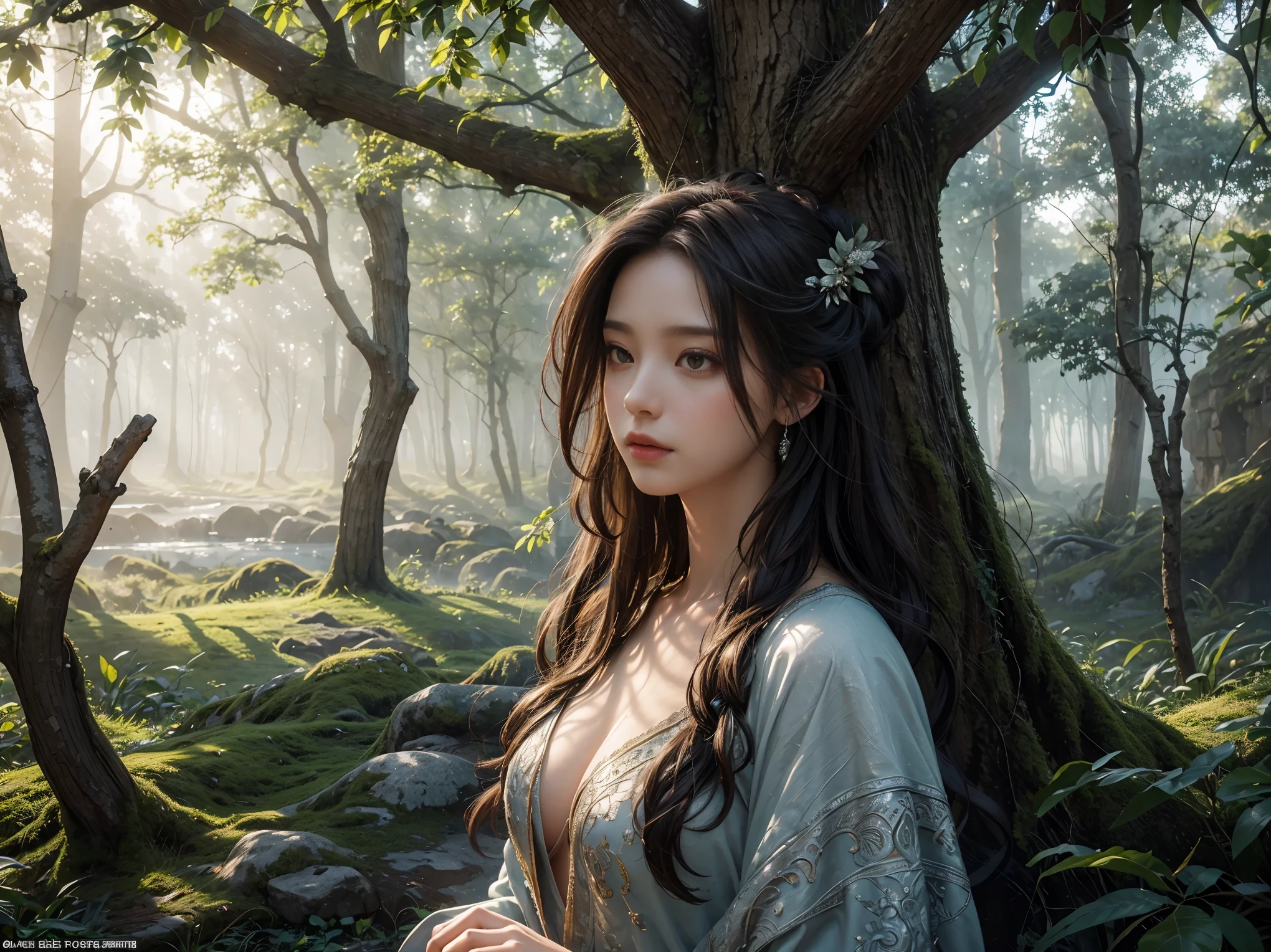 An ethereal portrait of a Goddess intertwined with the intricate branches of an ancient tree, highlighting the mystical bond, There is an ancient wall with ancient stories carved in high relief in the background., covered with fog and smoke,Light filters in from under the shade of a tree.,morning time,Mysterious atmosphere, Very high detail,The most realistic image,Masterpiece,Very high quality--ar 3:4 --style raw --stylize 300