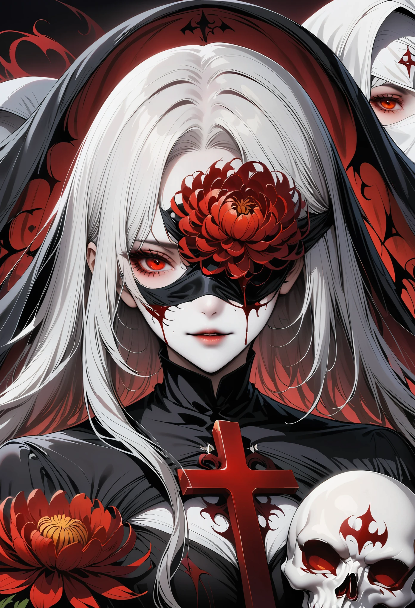 (best quality,4K,8K,high resolution,masterpiece:1.2),（（（Giant cross：1.37））），nun，nun帽子，教堂里的nun与骷髅教父，bloody,red lily,red chrysanthemum,flame,Light.