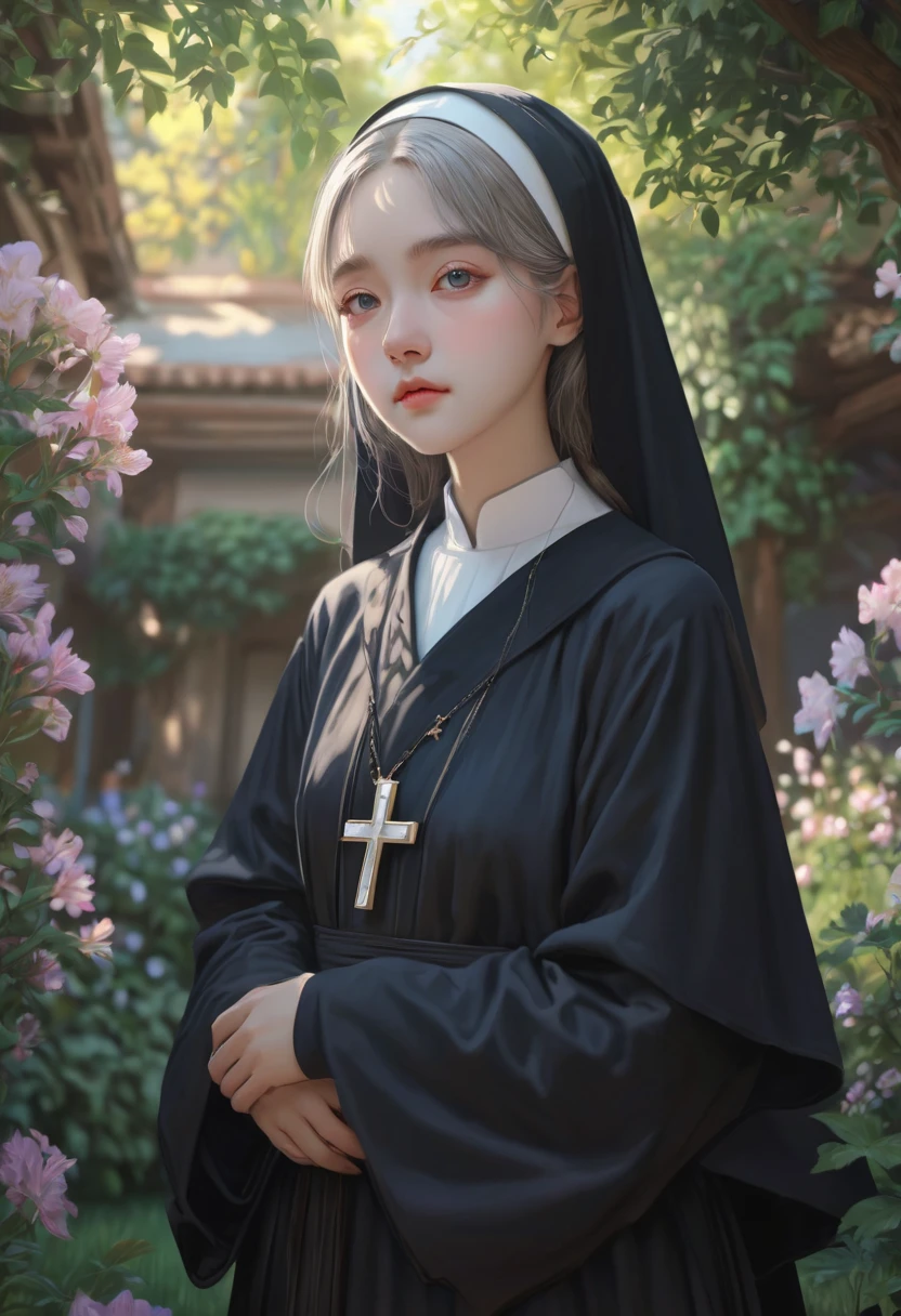 1girl, nun, dark robes, holy cross, serene expression, peaceful garden, soft sunlight, quiet atmosphere, sacred surroundings, (best quality, 4k, 8k, highres, masterpiece:1.2), ultra-detailed, painting-like, soft pastel colors, gentle lighting, aesthetic