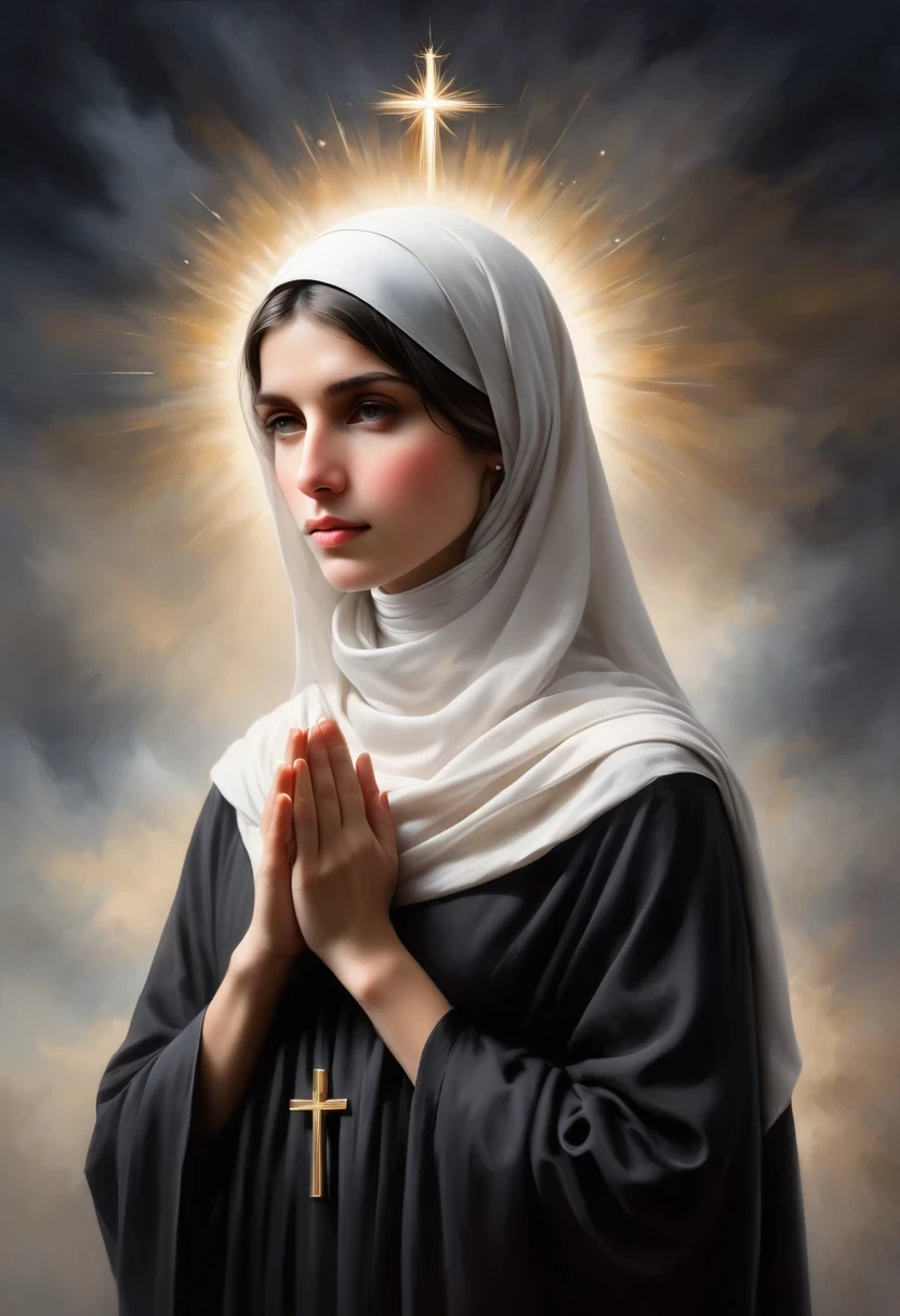 Blessed Teresa of Calcutta,Mother Teresa,It seems like a silent religious painting,Silently telling of her faith and dedication,She was wearing a black robe.,The black is deep and solemn,Like the depths of the night sky,It symbolizes the deepness and piety of the nun's heart.,The cut of the robe is simple and smooth,No extra embellishments,It exudes a simple and elegant temperament,Her headscarf is as white as snow,Wrap the head tightly,As if it is a symbol of her pure heart,The edges of the headscarf are slightly curled,Exuding a natural elegance,In the corner of the headscarf,A small black cross hangs quietly,Flashing with a faint but determined light,That's a sign of her faith.,This is also the creed she adheres to.,