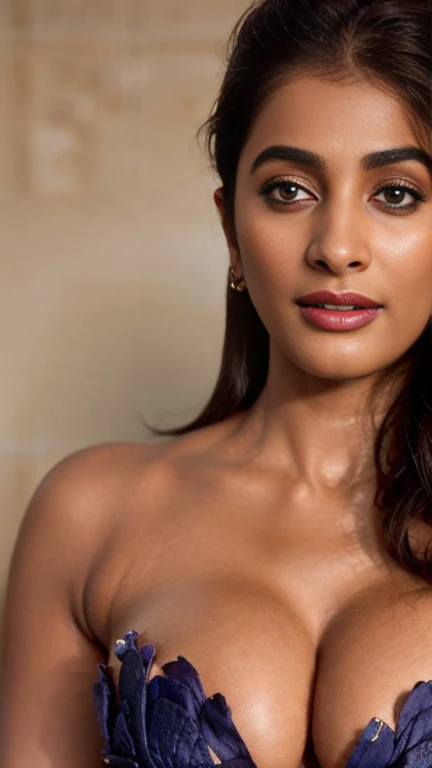 close-up portrait, (portrait photo), ((best quality)), masterpiece, 8k wallpaper, nikon, cinematic lighting, medium hair, ((blue iris)), (photorealistic:1.4), (pooja hegde), (as maid), (deep cleavage and navel), ((bikini)),((trimmed eyebrow))