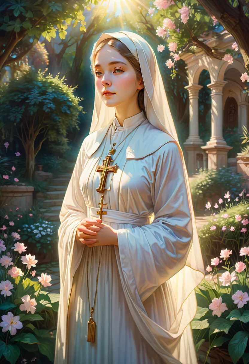 1girl, nun, dark robes, holy cross, serene expression, peaceful garden, soft sunlight, quiet atmosphere, sacred surroundings, (best quality, 4k, 8k, highres, masterpiece:1.2), ultra-detailed, painting-like, soft pastel colors, gentle lighting, aesthetic
