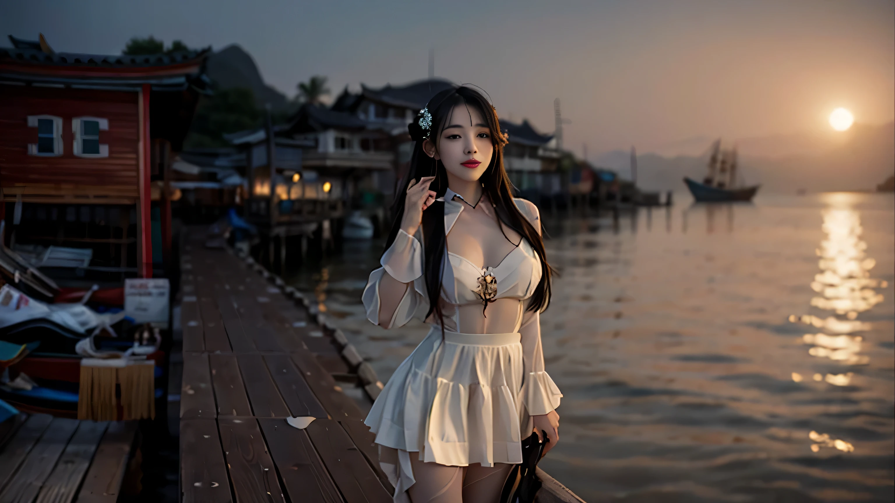 there is a woman standing on a pier near the water, queen of the sea mu yanling, beautiful south korean woman, korean girl, Hungry Ghost Festival, xintong chen, lovely woman, attractive pose, 8k)), sha xi, sexy girl, beautiful asian girl, bbwchan, , guweiz