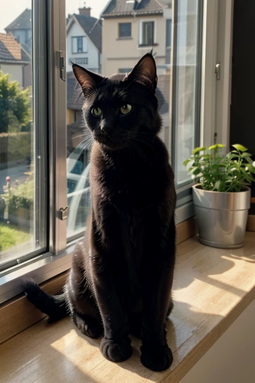 A cute black cat lies on the windowsill. Eine sonnige Gebirgsszene im Hintergrund.