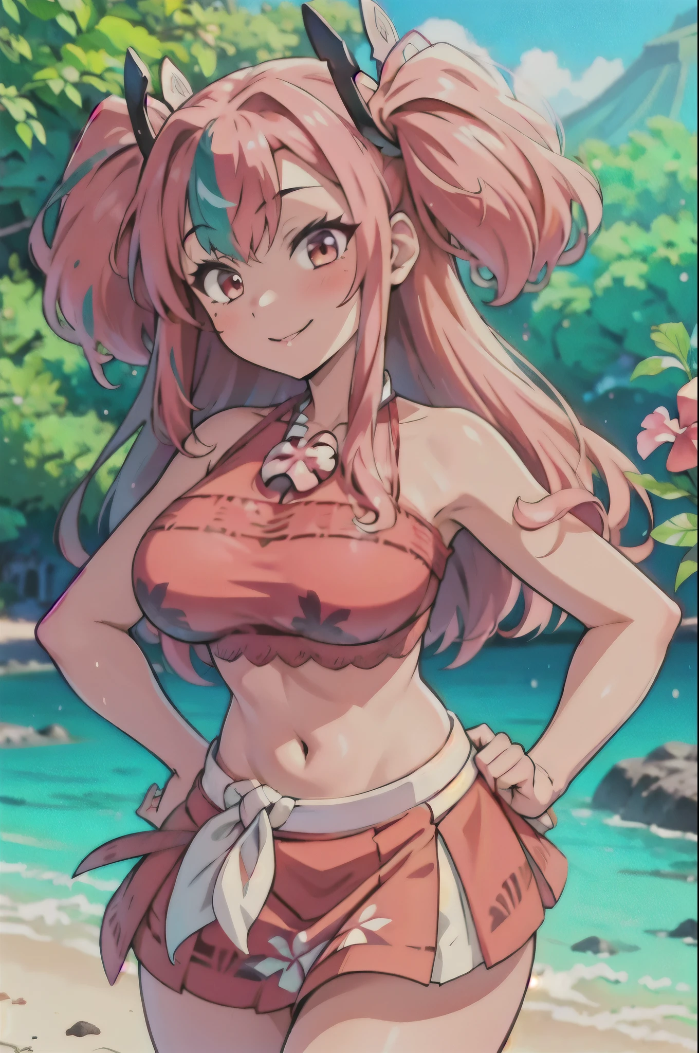 (masterpiece, best quality:1.2), cowboy shot, solo, 1girl, glasses, long fluffy pink hair, little chubby, cowboy shot, slight smile, crop top, (sexy very transparent (green) swinswit), stomach, navel exposed, large breasts, pink breasts niples, cameltoe, tanned skin, wet body and clothes.
