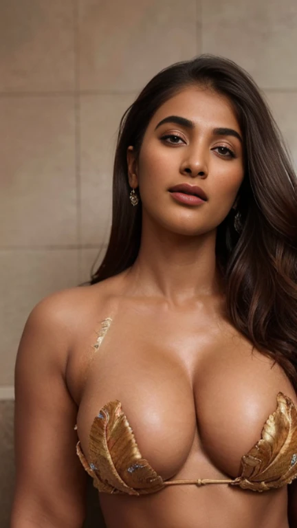 close-up portrait, (portrait photo), ((best quality)), masterpiece, 8k wallpaper, nikon, cinematic lighting, medium hair, ((blue iris)), (photorealistic:1.4), (pooja hegde), (as maid), (deep cleavage and navel), ((bikini)),((trimmed eyebrow))