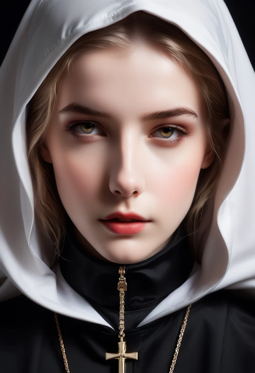 Close-up of a person wearing a hood and hoodie, nun fashion model, flora borsi, nun, nun fashion model looking up, an evil nun, vampire nun, nun outfit, majestic saint, karol bak of emma watson nun, orthodox cyberpunk, Photography Alexey Kurilev, saint, black robe, Dark Priest, hooded