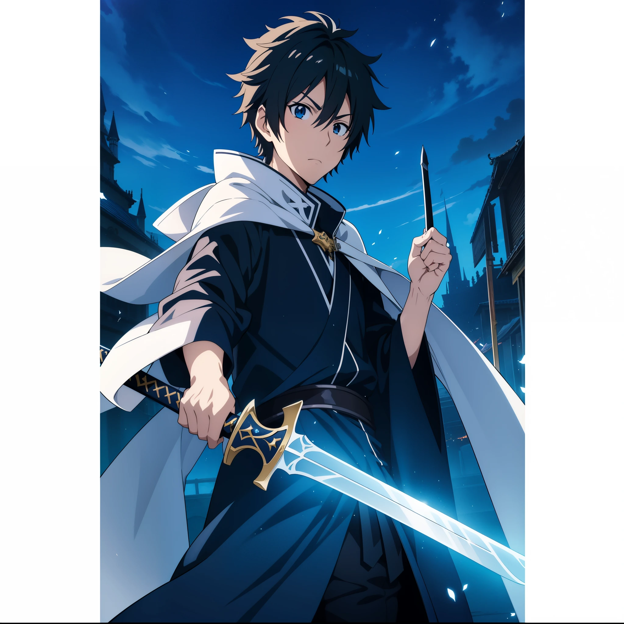 anime character with sword and cape holding sword in hand, young wizard, with large sword, swordsman, anime poster, holds a black sword, key anime art, kirito, anime key art, anime poster film still portrait, inspired by Okumura Masanobu, holds a sword, while holding a sword, badass anime 8 k