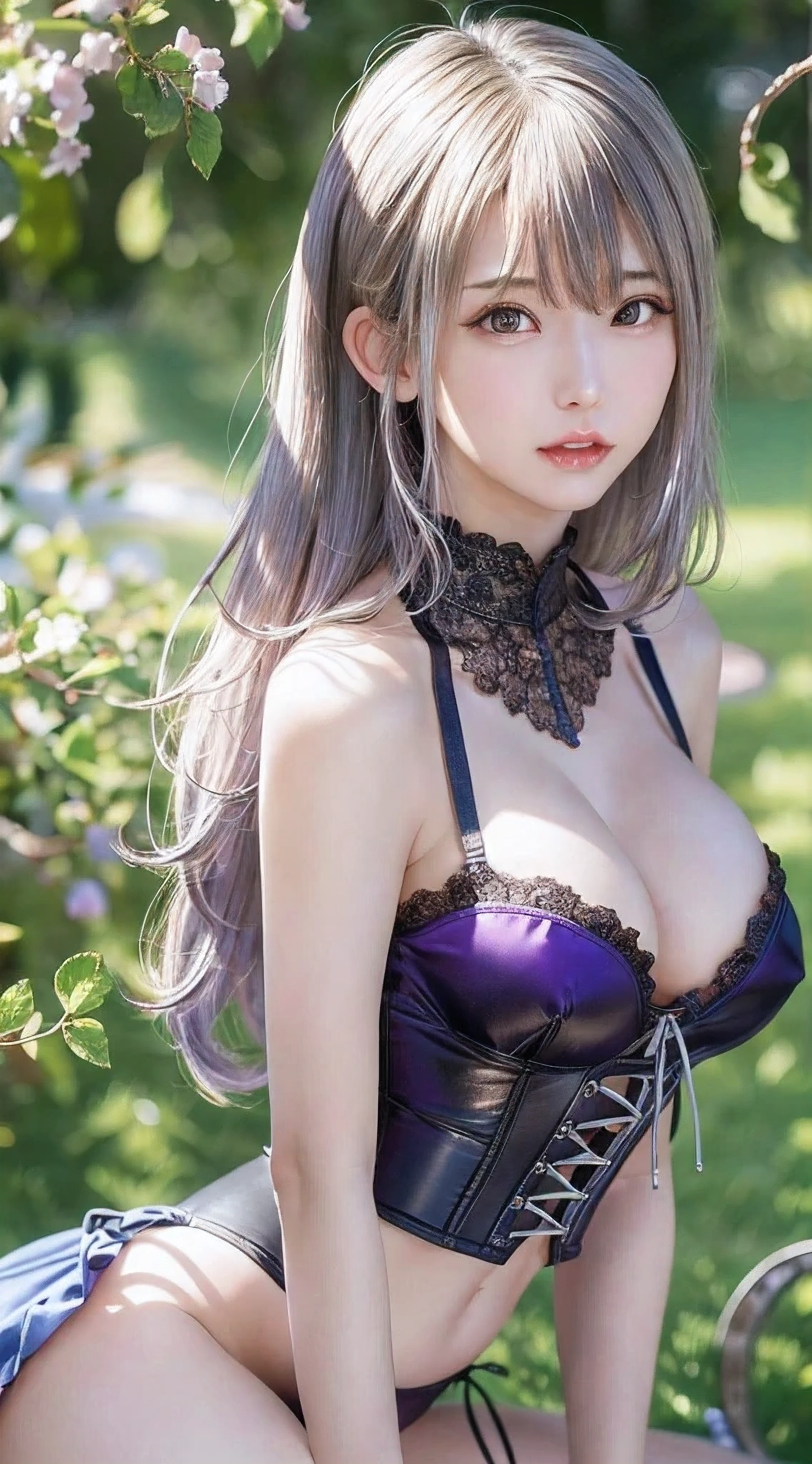 (thin eyebrows)、(((((closed mouth)))))、((Very strong sunshine))、((((beautiful silver hair))))、((small head))、(beautiful silver hair with short wavy:1.2)、full body shot、(((8K, RAW photo)))、 (((The face is cosplayer Enako))),(Shot from above in high-definition 8K)、(very delicate and beautiful)、(masterpiece)、(highest quality:1.0)、(超A high resolution:1.0)、realistic shadow、[High resolution]、 fine skin、super detailed、(beautiful hair)、Photoreal、lifelike face、big breasts thin waist、realistic eyes、small eyes、looking at camera、(((between the breasts)))、(eyeliner)、(mascara)、 lips with pink lips、((Looks very happy))、show your shoulders、Complex patterns and transparent materials、Artistic depiction of a fascinating woman, Emphasizes an attractive silhouette。That scene is、、sunbathing under the hot sun、Makes you feel the delicate beauty and charm of nature。(((intricate details))、advanced details、choker、NSFW,((highest quality、8K、masterpiece:1.3))、sharp focus:1.2、 (((Enamelled purple and silver corset)))、