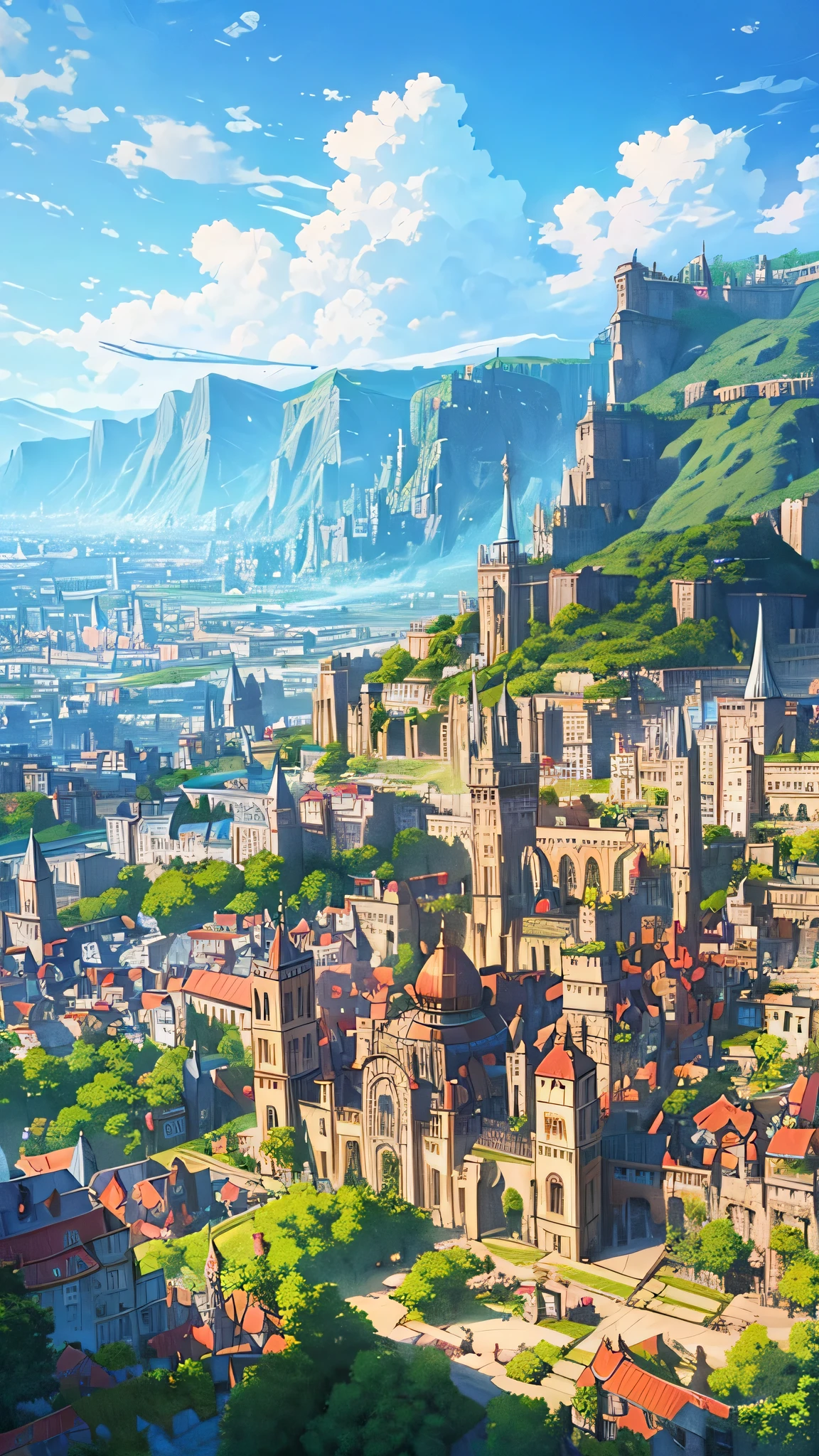 Aerial view of a sprawling medieval fantasy cityscape with majestic palaces, bustling markets, intricate buildings, and charming houses set against a backdrop of fluffy clouds and a clear blue sky. Vertical orientation, detailed illustration, high stylization. a traveler looks at the city from the top of the hill