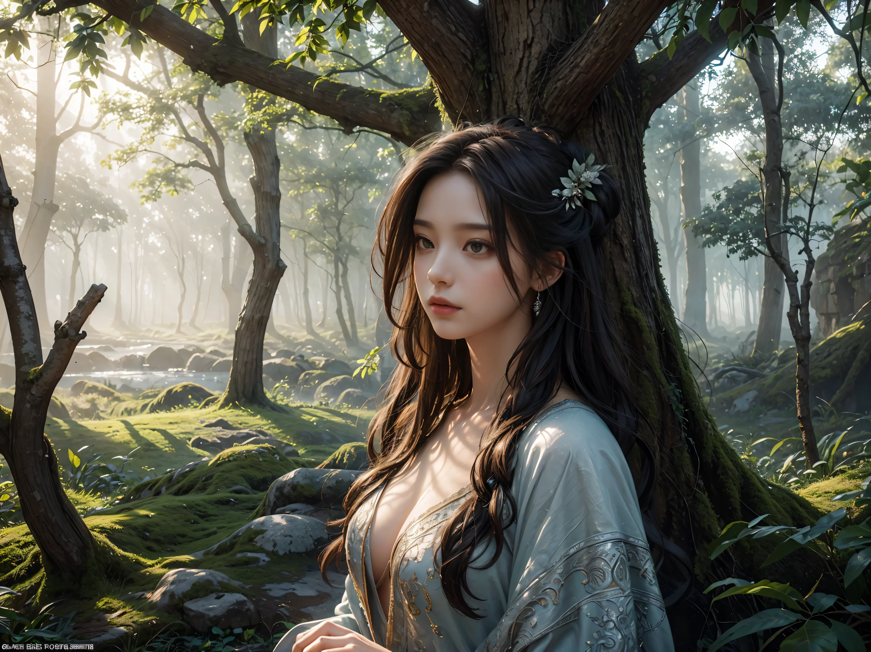 An ethereal portrait of a Goddess intertwined with the intricate branches of an ancient tree, highlighting the mystical bond, There is an ancient wall with ancient stories carved in high relief in the background., covered with fog and smoke,Light filters in from under the shade of a tree.,morning time,Mysterious atmosphere, Very high detail,The most realistic image,Masterpiece,Very high quality--ar 3:4 --style raw --stylize 300