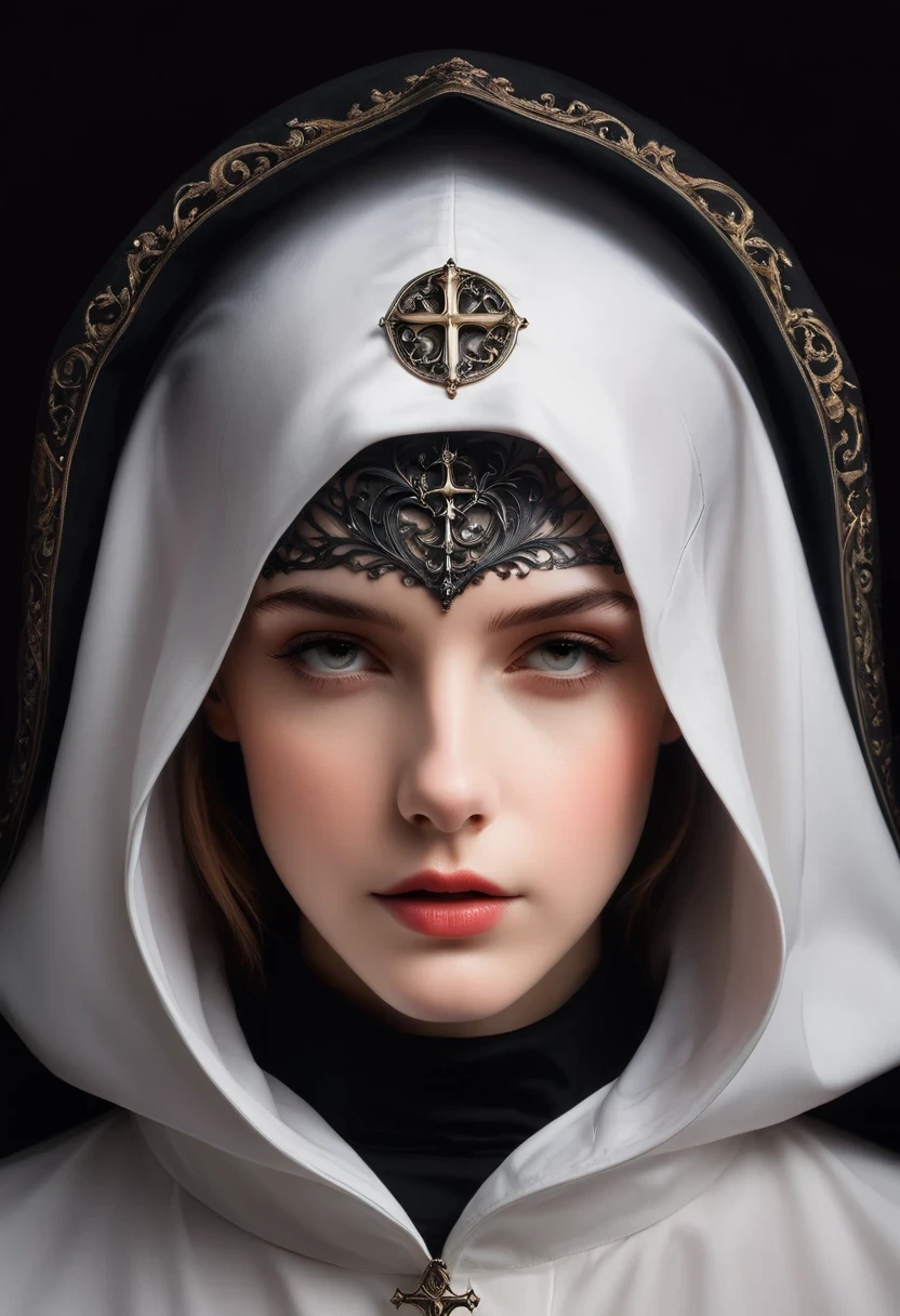 Close-up of a person wearing a hood and hoodie, nun fashion model, flora borsi, nun, nun fashion model looking up, an evil nun, vampire nun, nun outfit, majestic saint, karol bak of emma watson nun, orthodox cyberpunk, Photography Alexey Kurilev, saint, black robe, Dark Priest, hooded
