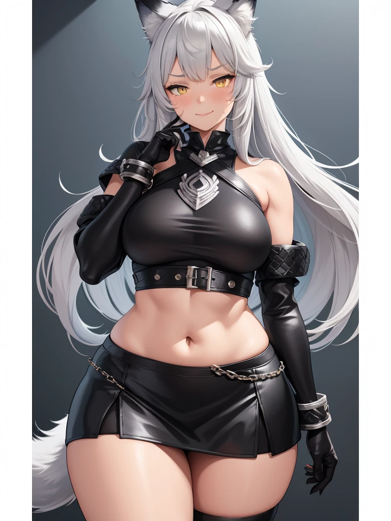 8K, Full body portrait, single young woman, especially detailed face, masterpiece, wallpaper, highlydetailed face, ultra-detailed face, beautiful and aesthetic wolf tailed girl, athletic body, big breasts, curvy, long hair, gray-silver hair, a young wolf woman, wolf ears, cute wolf tail, long wolf tail, fluffy wolf tail, wolf-like irises, beautiful, enchanting, bright yellow eyes, detailed eyes, ultra-detailed eyes, accurate eyes, detailed irises, correct body proportions, elegant, small vertical scar under right eye, small rosy lips, big breasts, slender elegant arms, pretty hands, detailed hands, charming, slight blush, smug smile, black edgpshorts with stylish metal chains and a black top, detached sleeves, light black armor, armored long bike shorts and skirt on top of them, two piece outfit, black armored fur cloack, black metal armor, bare off shoulders, toned abs, exposed belly, standing pose, cute pose, black thighigh on left leg, sole girl