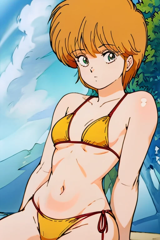 1girl, Hikaru Hiyama, ((masutepiece)), ((Best Quality)), (Ultra-detailed), ((Extremely detailed)), 4K, (8K), Flat color, heavy outline, sharp outline, 1girl, Solo, laying on back, Yellow Bikini, underboob 