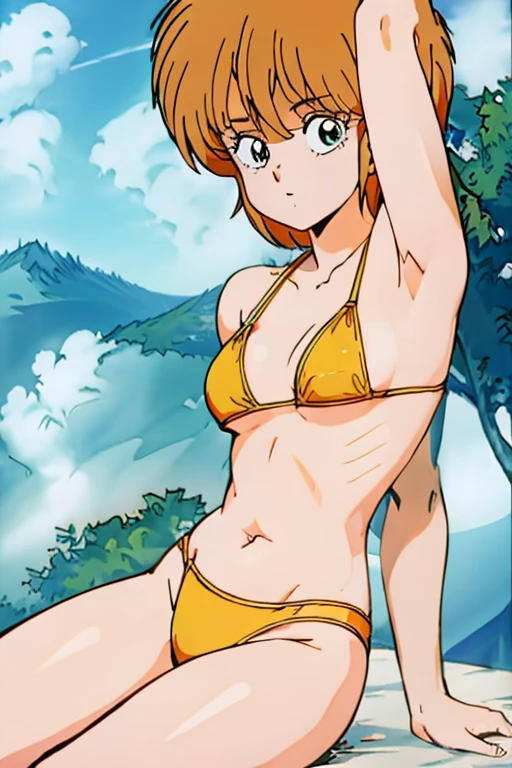 1girl, Hikaru Hiyama, ((masutepiece)), ((Best Quality)), (Ultra-detailed), ((Extremely detailed)), 4K, (8K), Flat color, heavy outline, sharp outline, 1girl, Solo, laying on back, Yellow Bikini, underboob