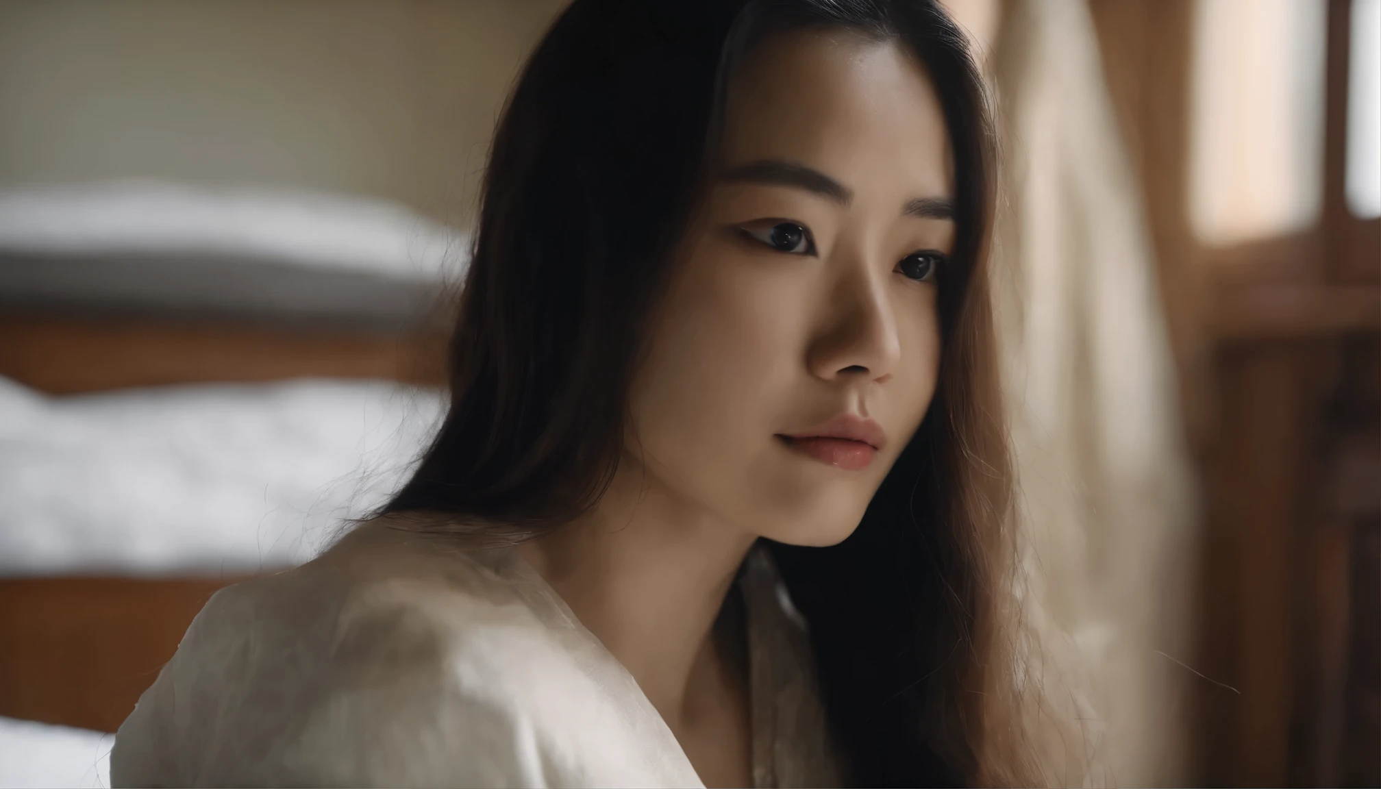 Real-life of a beautiful Japanese girl with long hair, bitting her lower lip while closing her eyes, furrowed her eyebrows, face facing upwards, naked, perfect  and tits. lying in bed
