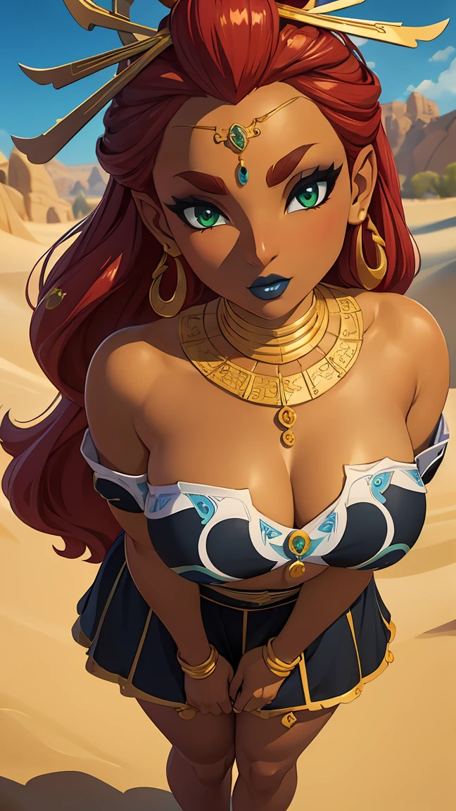 ((high detailed, best quality, 4k, masterpiece, hd:1.3)), ((best quality)), (((HD))), (((8k))), (ultraDH), (ultra HD), green eyes, BREAK green eyes, seductive, attractive, smooth anime cg art, 36C breasts, long legs, vivid colors, slim body, perfect skin, red hair, long hair, light hair, red hair, BREAK crown, cleavage, 36C cleavage, looking at viewer, BREAK looking at viewer, extremely detailed face, earrings, gem, dark blue makeup lips, dark gothic eyeshadows, dark eyeshadows, white eyeshadows, blue sexy lips, dark lips, very dark lips, (perfect hands, perfect anatomy), light makeup, blue medium lips, blue thick lips, detailed fingers, five fingers per hand, 5 fingers, (1 girl), detailed lips, detailed blue lips, blue painted lips, gothic painted lips, (breast focus), (arms outstreched:1.2), (from above:1.1), (breasts out:1.3), (off shoulder:1.1), (((desert))), full body, walk for desert,