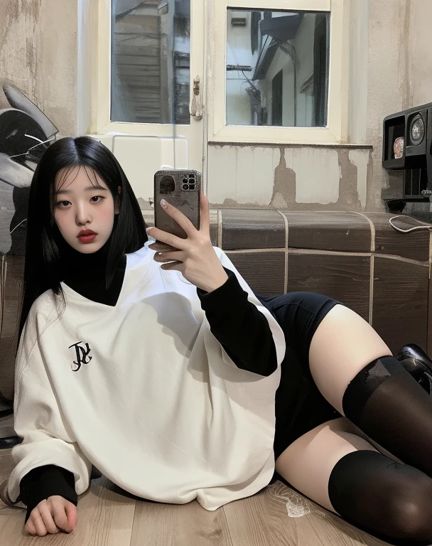 There is a woman sitting on the floor taking a photo, Ulzzang, cruel korean goth girl, 🤤 retrato de , modelo do instagram, goth girl aesthetic,  coreana, Com cabelo comprido, Branco e preto, garota de anime na vida real, roupas abertas no peito, 8k)), e - garota, e-garota