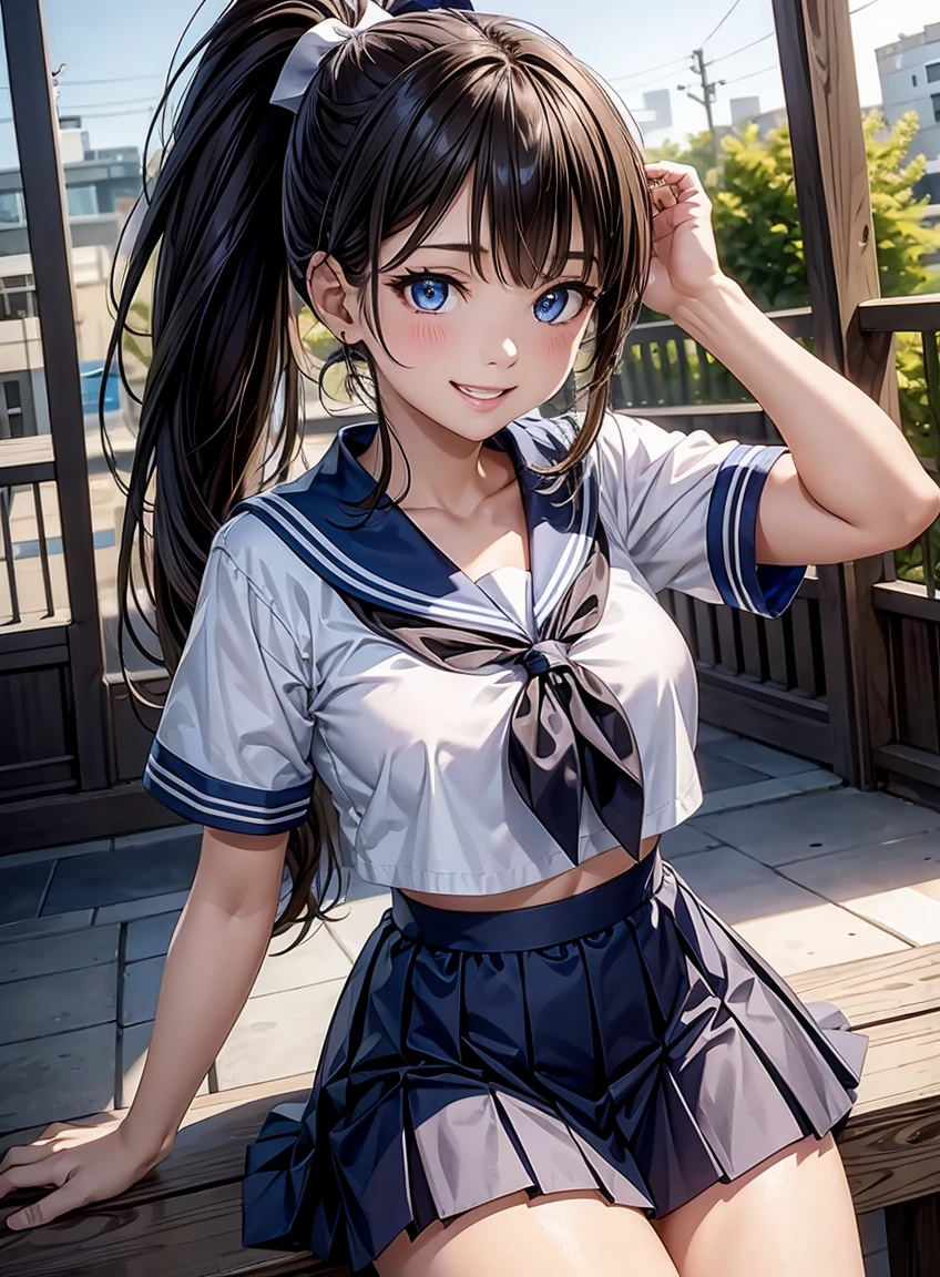 A scene of a black-haired woman wearing a sailor uniform sitting on the grass on a sunny day with a big smile