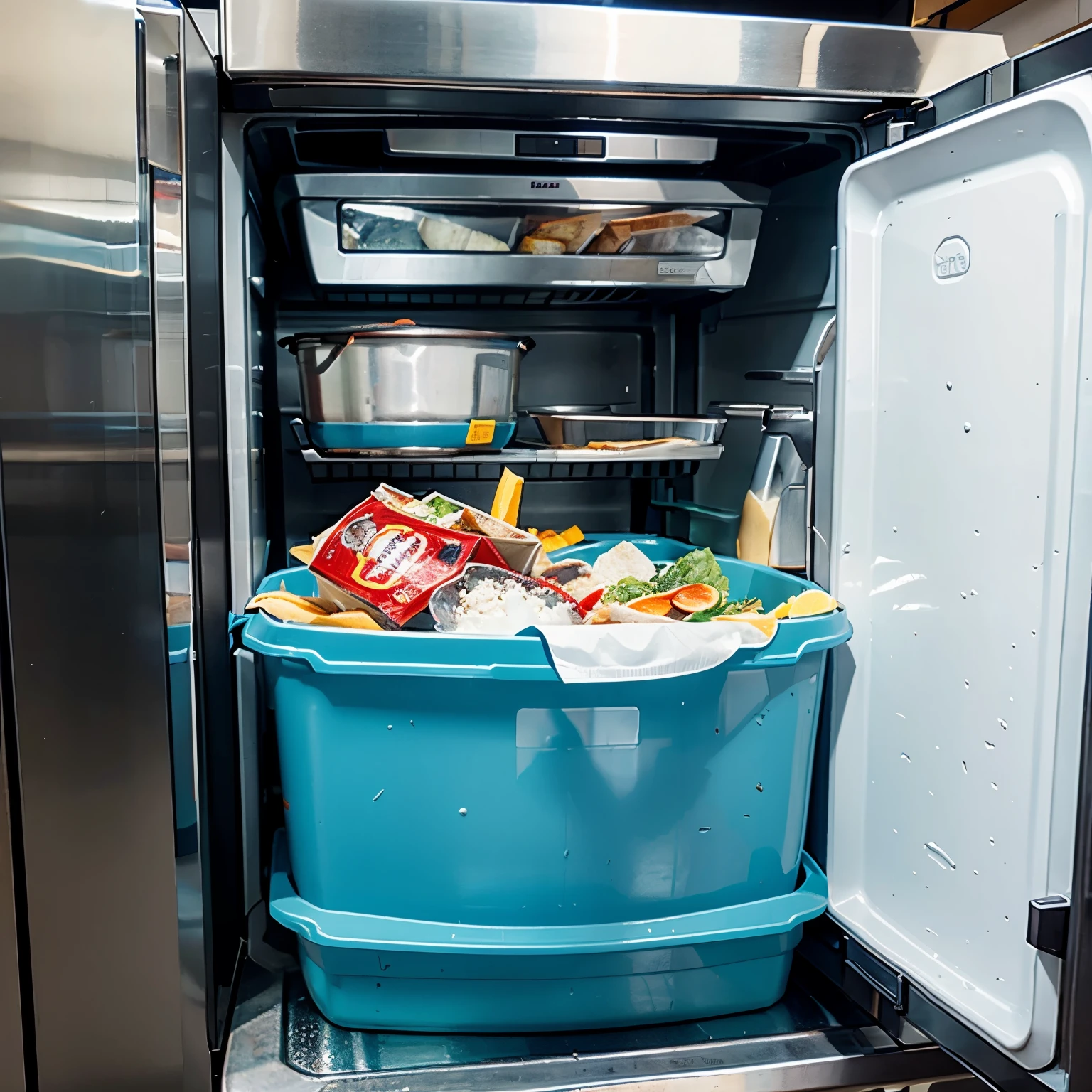 Improper thawing of frozen food of a waiter in a bistro restaurant kitchen refrigerator. SHOW THE WRONG AND IMPROPER WAY OF THAWING A FROZEN FOOD