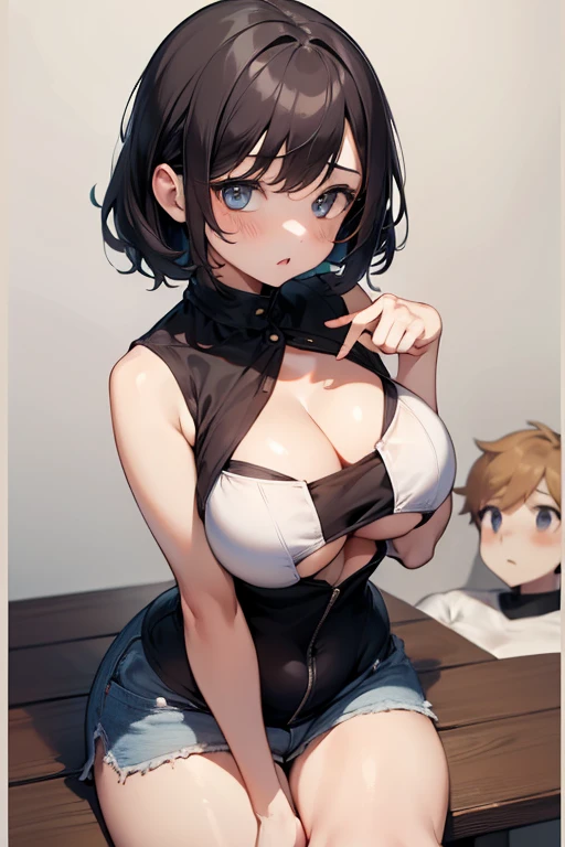 1girl,1boy,Couple,pair,masterpiece, Awards, high quality, High resolution, HD, 4K,8K,high quality,portrait,simple background,closeup upperbody,white clothes,Independently deformed breasts,shruged,viscous paint,(swiping breasts:1.5),shorts,short hair,oily skin,sitting,(Cleavage Bulge,Independently deformed Cleavage:1.3),(Flattened boob:1.4)