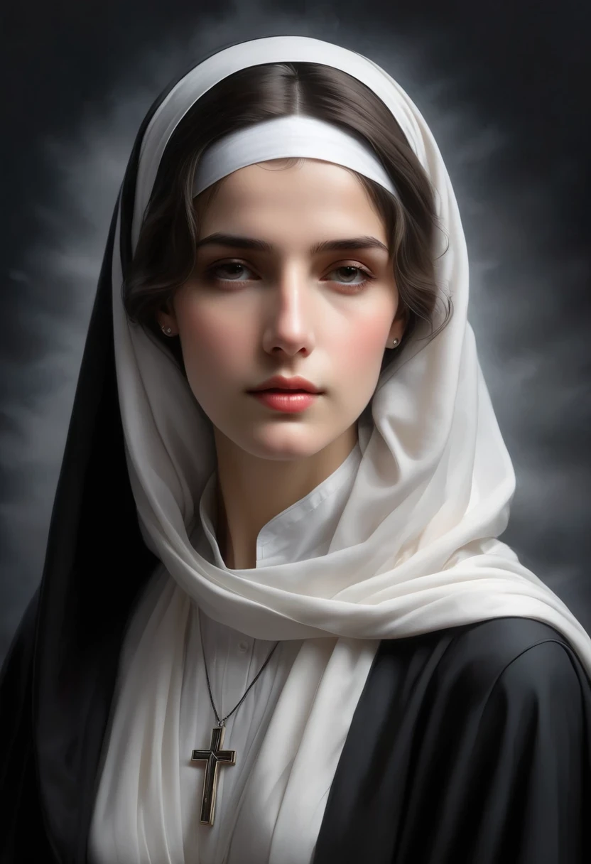 Beautiful Mother Teresa，It seems like a silent religious painting，Silently telling of her faith and dedication，She was wearing a black robe.，The black is deep and solemn，Like the depths of the night sky，It symbolizes the deepness and piety of the nun&#39;s heart.，The cut of the robe is simple and smooth，No extra embellishments，It exudes a simple and elegant temperament，Her headscarf is as white as snow，Wrap the head tightly，As if it is a symbol of her pure heart，The edges of the headscarf are slightly curled，Exuding a natural elegance，In the corner of the headscarf，A small black cross hangs quietly，Flashing with a faint but determined light，That&#39;s a sign of her faith.，This is also the creed she adheres to.，