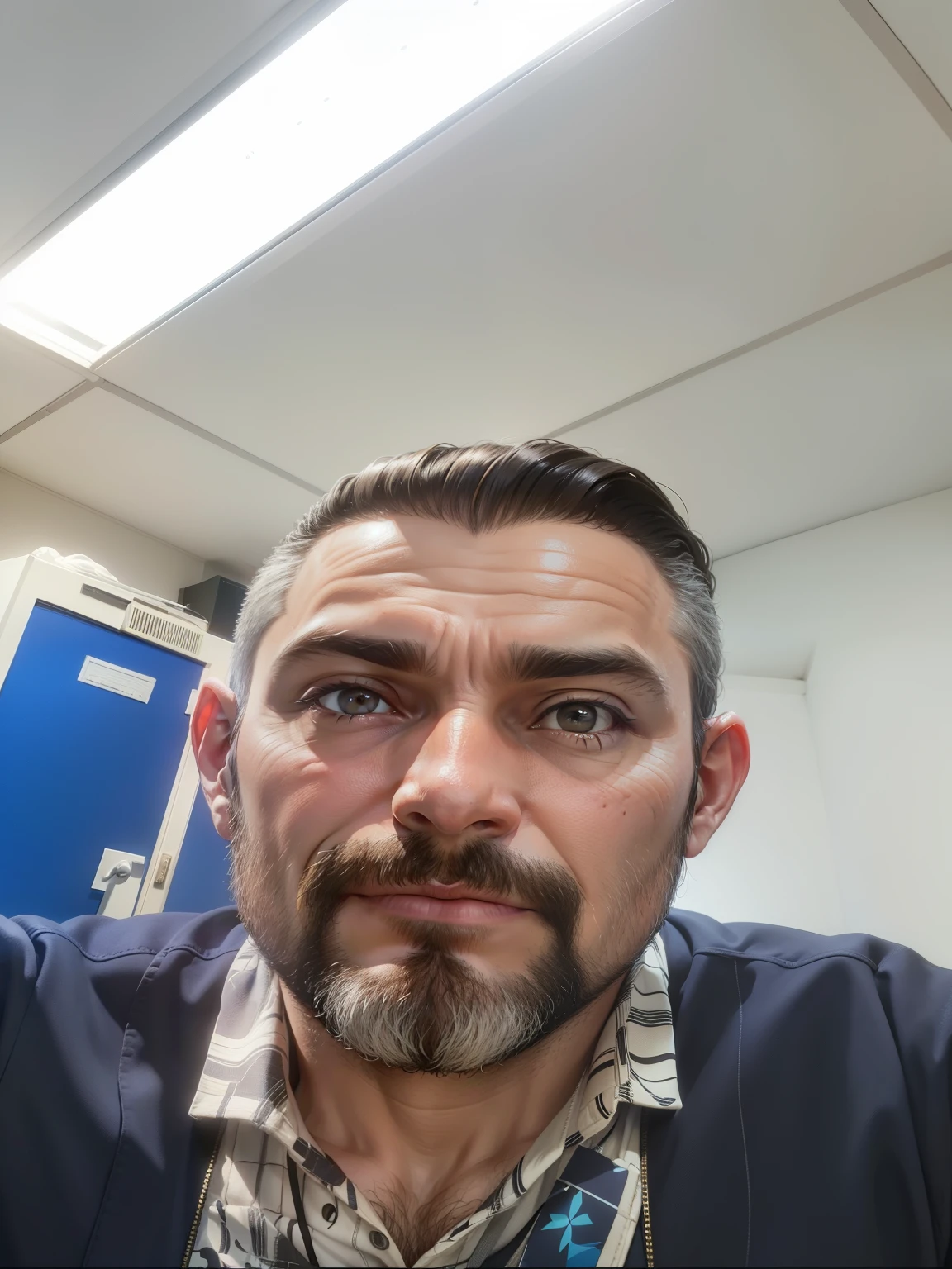 There is a man with a beard and tie in a room, Fotografia selfie 8k, imagem frontal, frontal camera, selfie, Homem de 4 0 anos, frontal camera, selfie de um homem, imagem de perfil, André Rios, selfie taken directly at angle, looking directly at the camera, looking directly at the camera, looking directly at the camera pixar (obra de arte:1.2) (Bokeh) (Melhor qualidade) (pele detalhada) (textura detalhada) (8k) (argila) (cinematic lighting) (sharp focus