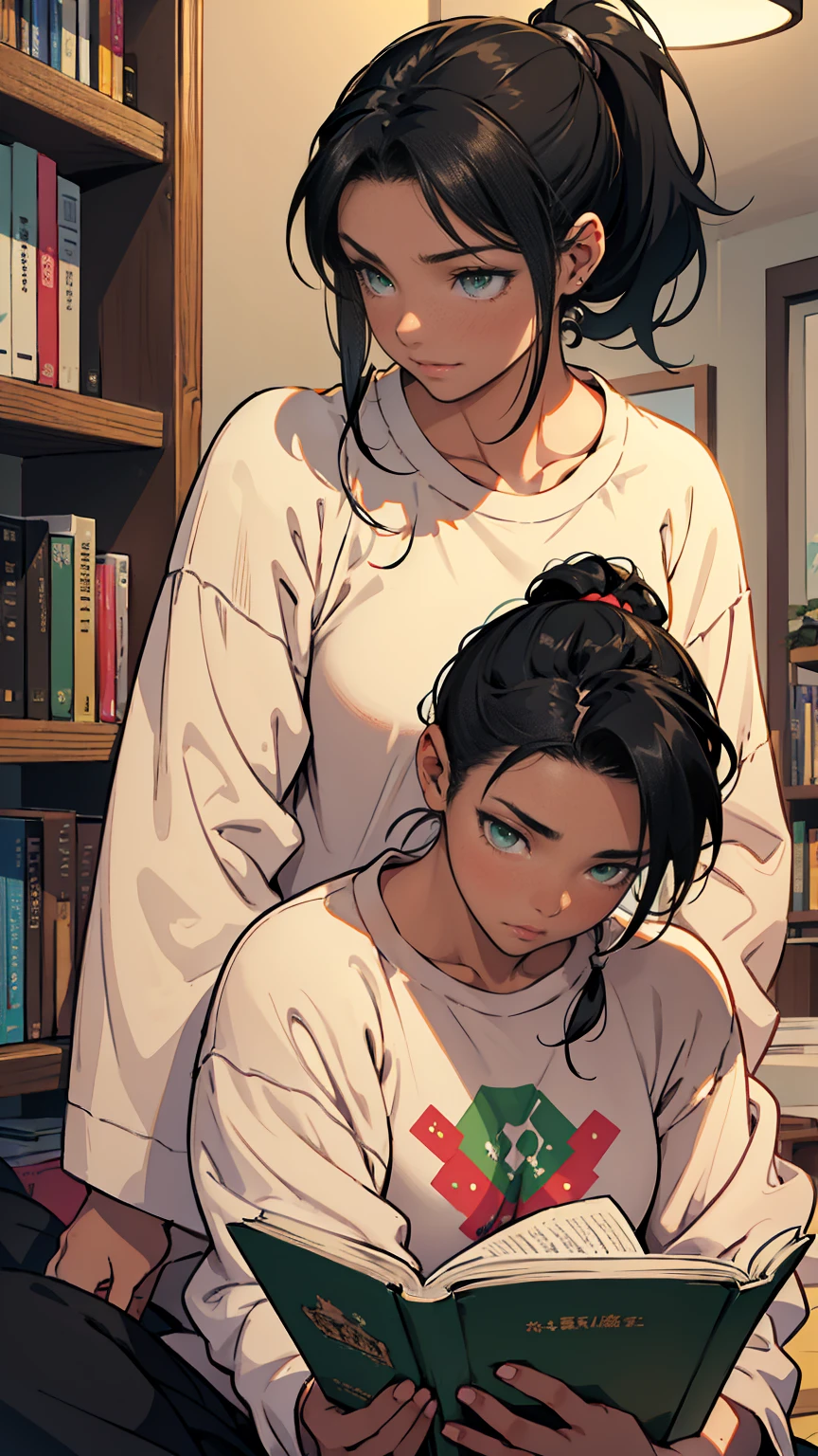 a young woman with green eyes and black ponytail hair is a babysitter. She reads a book to a lots of cute boys and girls with different hair color. They all wearing fluffy pajamas. Cozy atmosphere, anime illustration