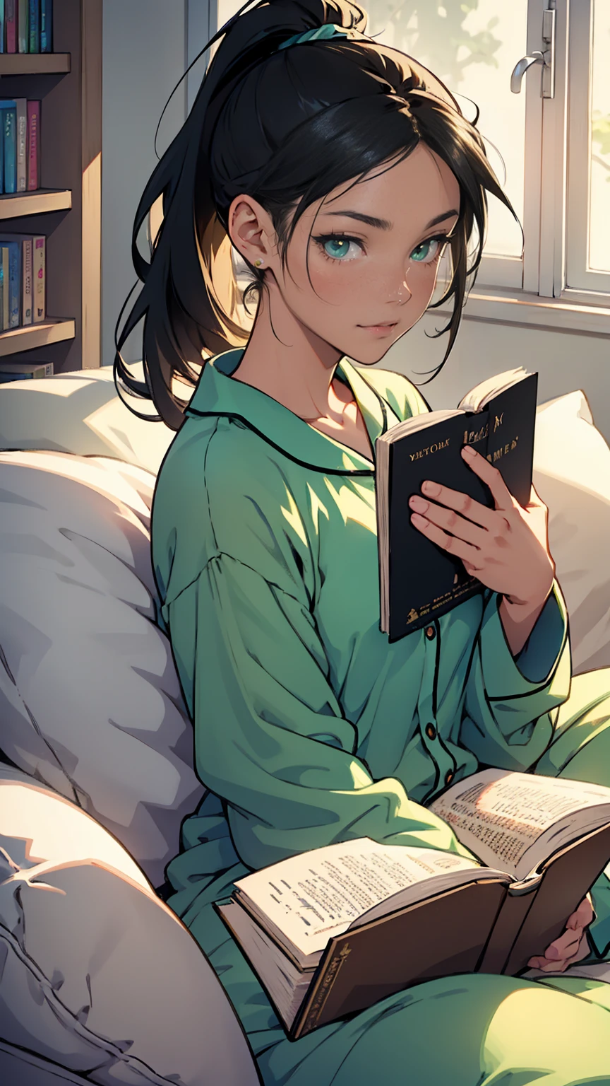 a young woman with green eyes and black ponytail hair is a babysitter. She reads a book to a lots of cute boys and girls with different hair color. They all wearing fluffy pajamas. Cozy atmosphere, anime illustration