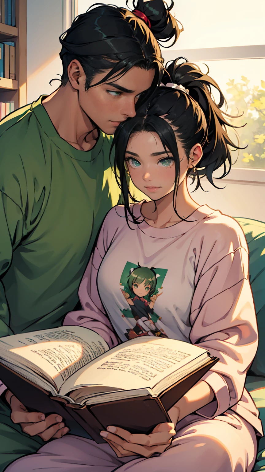 a young woman with green eyes and black ponytail hair is a babysitter. She reads a book to a lots of cute boys and girls with different hair color. They all wearing fluffy pajamas. Cozy atmosphere, anime illustration