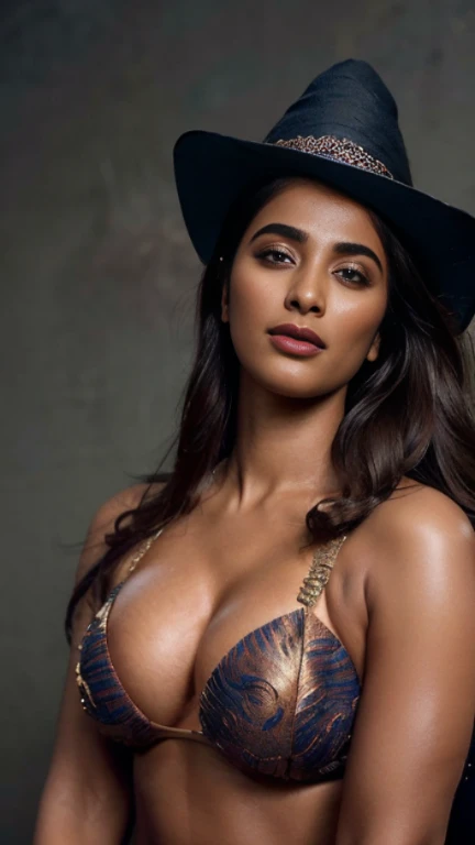 (portrait photo), ((best quality)), masterpiece, 8k wallpaper, nikon, cinematic lighting, medium hair, ((blue iris)), (photorealistic:1.4), (pooja hegde), (as a witch), (deep cleavage and navel), ((bikini)),((trimmed eyebrow))