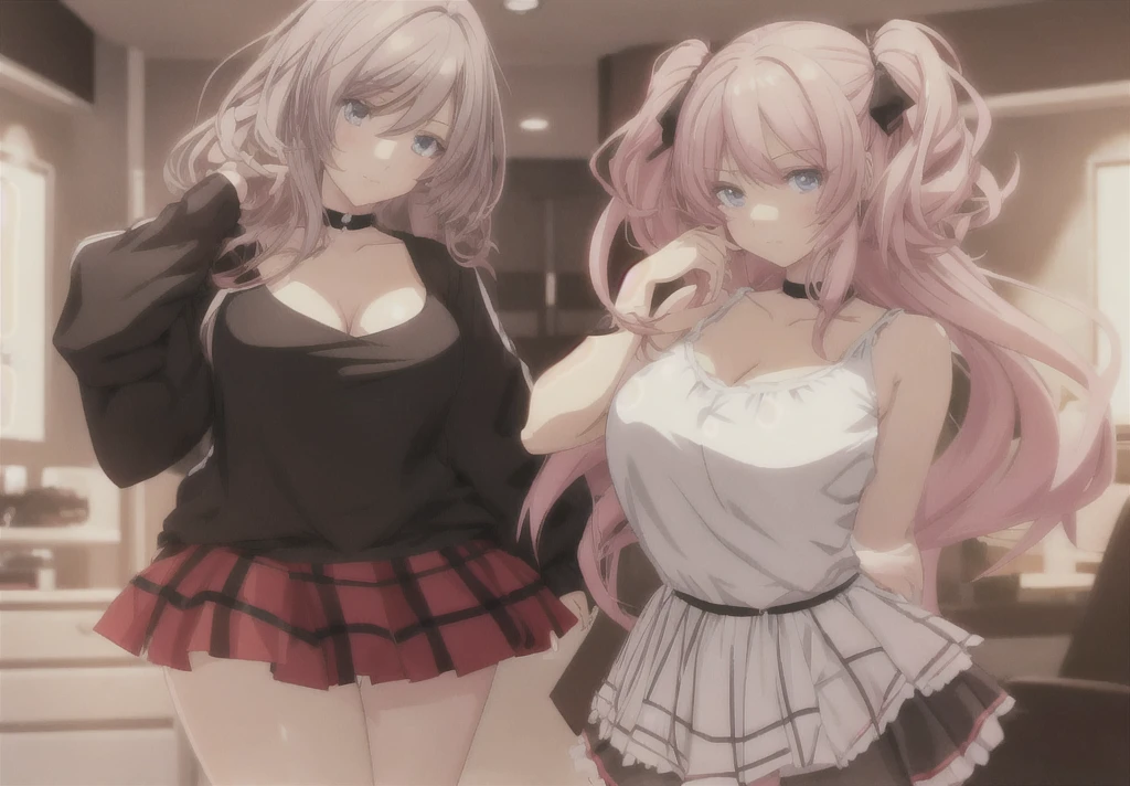 two anime girls in short skirts and black shirts posing for a picture, two beautiful anime girls, two girls, anime girls, realistic anime 3 d style, anime highly detailed, seductive anime girl, pixiv 3dcg, ecchi anime style, nixeu and sakimichan, [ 4 k digital art ]!!, wlop and sakimichan