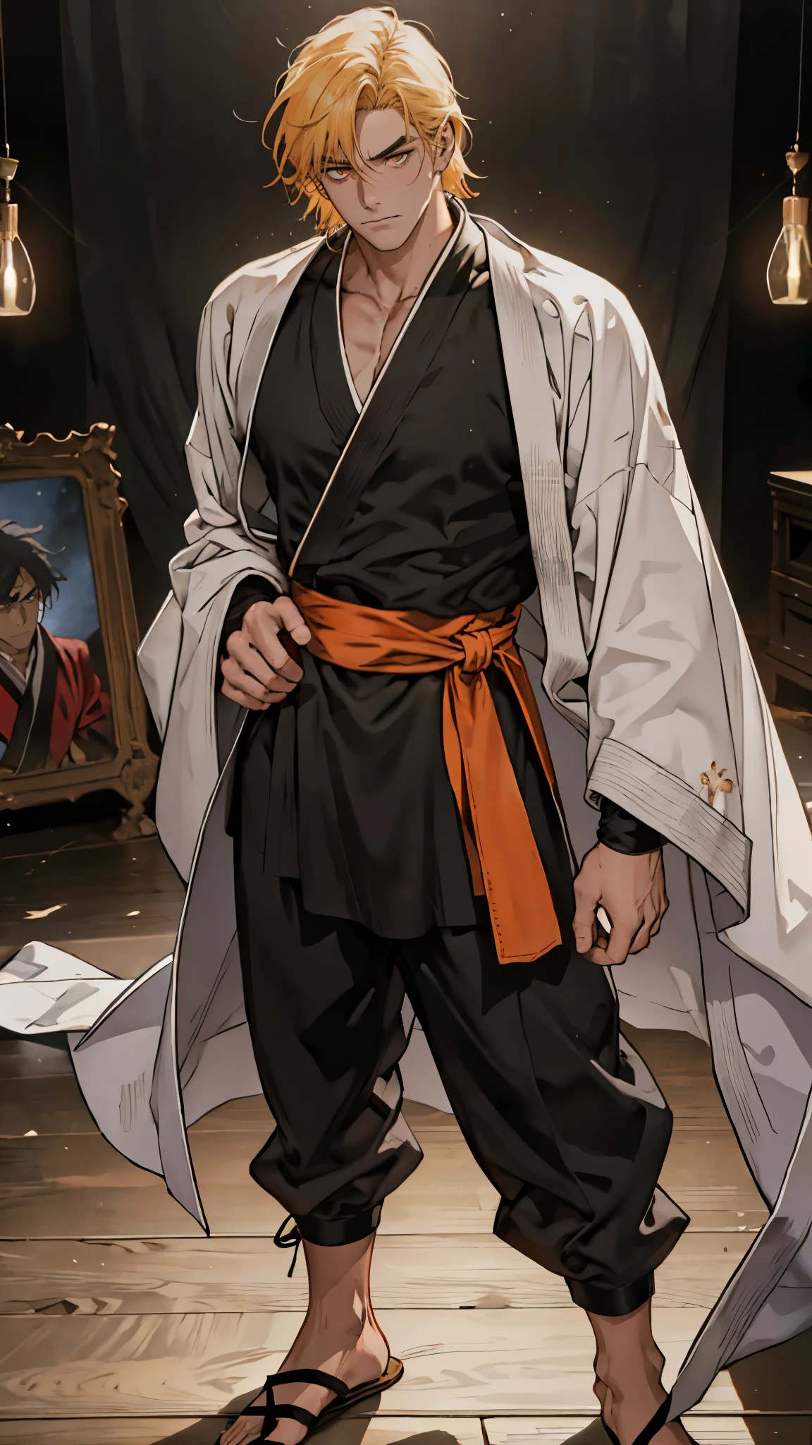 A man with short orange-yellow hair, messy hair ends, middle part long bangs, orange-yellow eyebrows, a furrowed brow, a focused gaze, a fantasy martial arts-style black-purple long robe with an openwork design revealing a plain undershirt, long sleeves, a satin sash belt, loose fabric trousers, he lifts his hand and bows his head in contemplation, set within a surreal room that melds fantasy and sci-fi elements, this character embodies a finely crafted fantasy martial arts-style feng shui master in anime style, exquisite and mature manga art style, high definition, best quality, highres, ultra-detailed, ultra-fine painting, extremely delicate, professional, perfect body proportions, golden ratio, anatomically correct, symmetrical face, extremely detailed eyes and face, high quality eyes, creativity, RAW photo, UHD, 32k, Natural light, cinematic lighting, masterpiece-anatomy-perfect, masterpiece:1.5