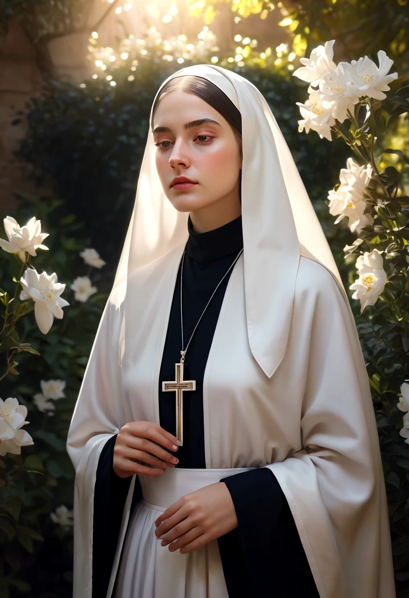 1girl, nun, dark robes, holy cross, serene expression, peaceful garden, soft sunlight, quiet atmosphere, sacred surroundings, (best quality, 4k, 8k, highres, masterpiece:1.2), ultra-detailed, painting-like, soft pastel colors, gentle lighting, aesthetic