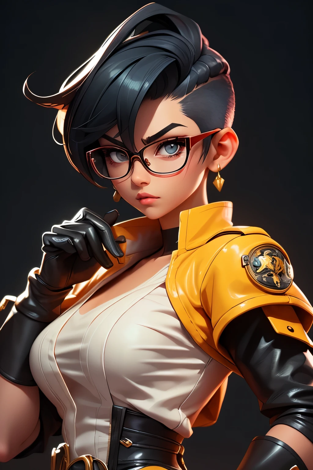 Wide angle shot, beautiful female street fighter, wearing large glasses, black undercut hair, wearing large iron gloves