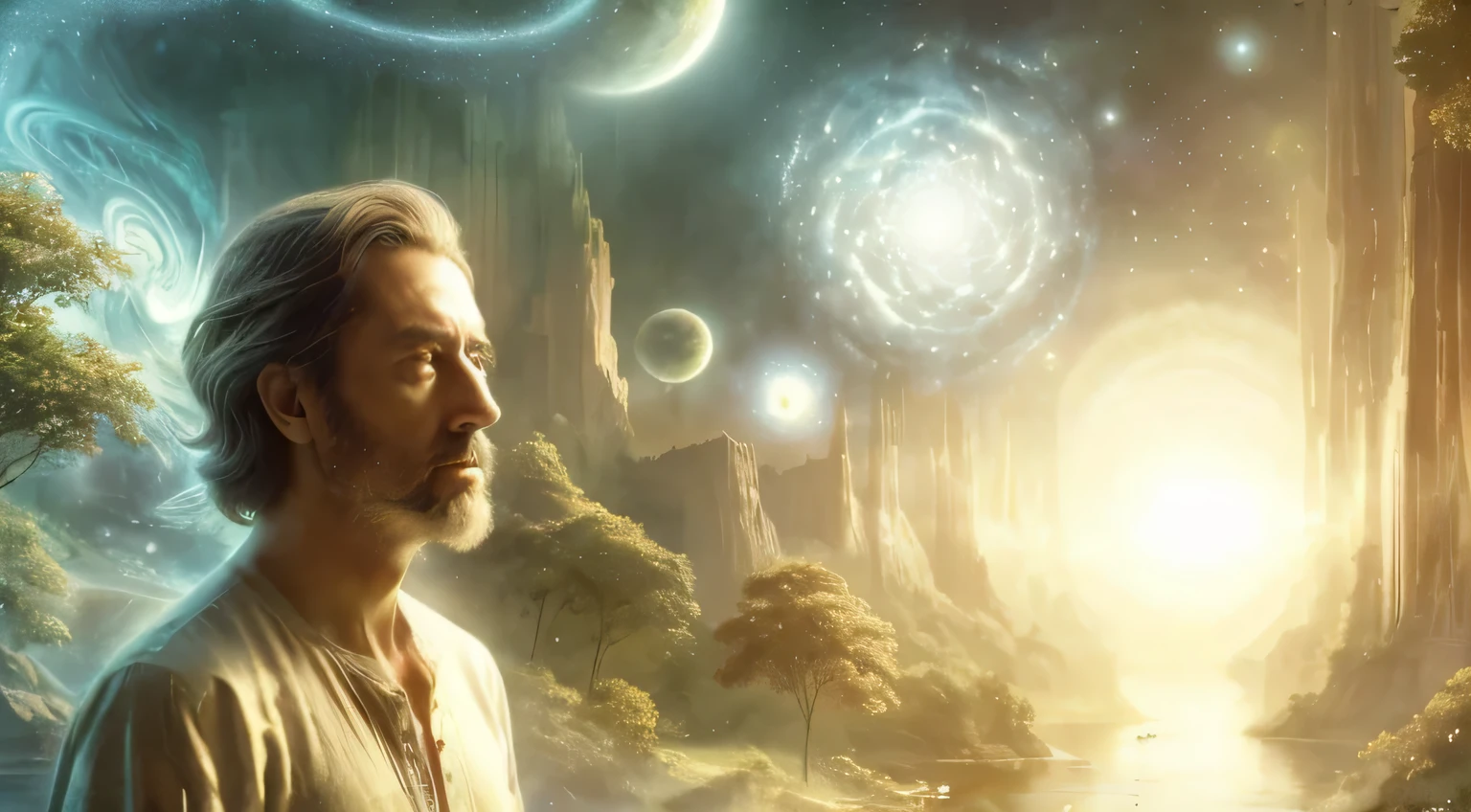 a man standing in front of a painting of a river and trees, sua mente contemplando a eternidade, o Criador do universo, significado da vida no universo, Alan Watts, amazing wallpaper, inspired por Johfra Bosschart, o criador da terra, por Alexander Kucharsky, por Johfra Bosschart, spiritual evolution, universos ascendentes, o multiverso do meio da jornada