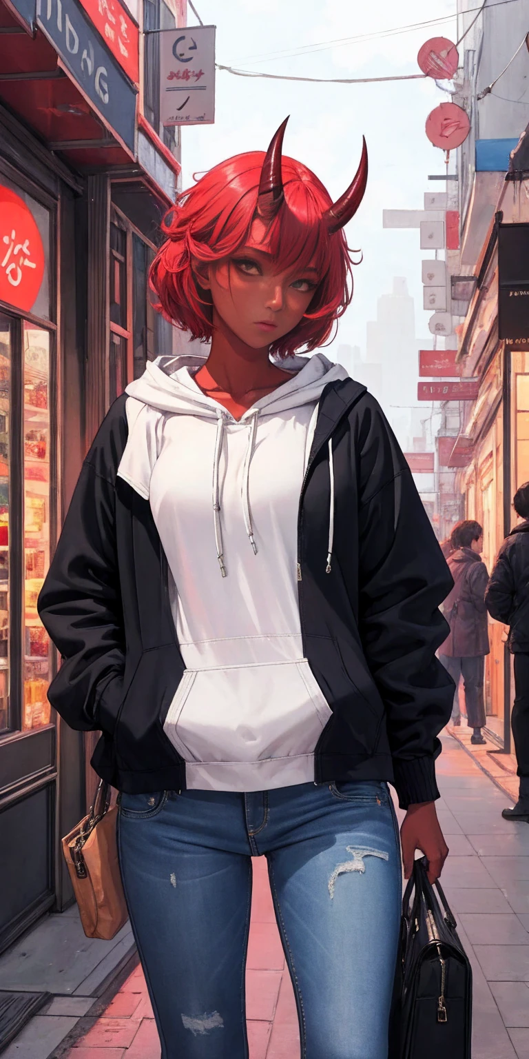 masterpiece, best quality, ultra high res, beautiful, visually stunning, elegant, incredible details, award-winning art, 0n1, red skin, oni horns, oni, red oni, colored skin, hoodie, jeans, handbag, neon city street background