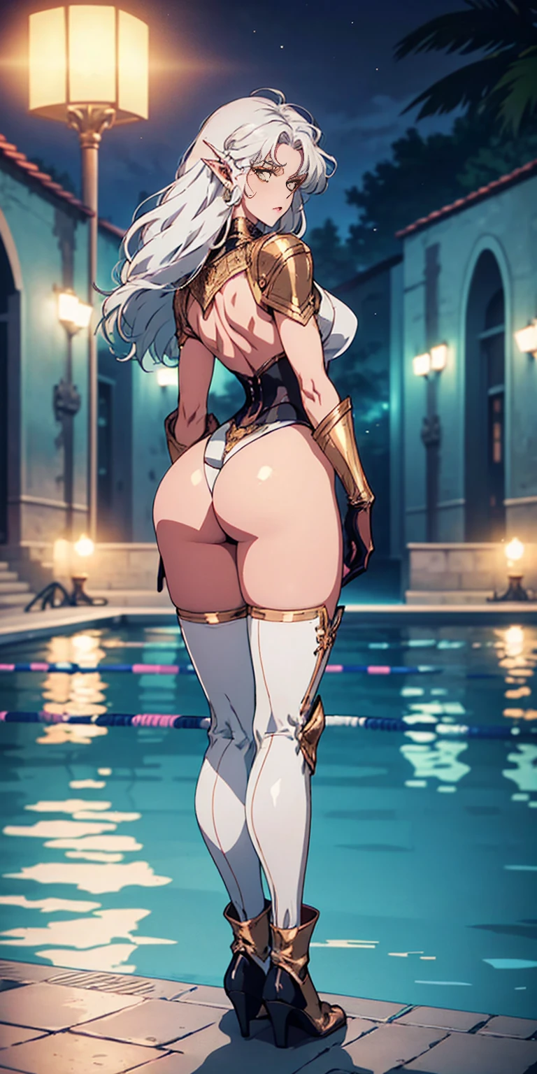 masterpiece, best quality, high quality, 1solo dark black SKIN elf, long hair, white hair, yellow eyes, full body, breastplate, looking at viewer, shiny, armor, thigh highs, high boots, shoulder armor, faulds, poleyn, gloves, gauntlets, (((1 girl))), medium to large breasts, a beautiful and cute lady, standing, (((in the pool at night))), (big muscular ass), {{{wearing armor }}} (thin waist), (incredibly beautiful full body photo, standing, (((bright eyes))), good anatomy, perfect hand muscular legs))), thin waist, muscular abdomen, wearing black high heel shoes, (((with her back to me showing her big shapely ass to me))), grabbing own ass