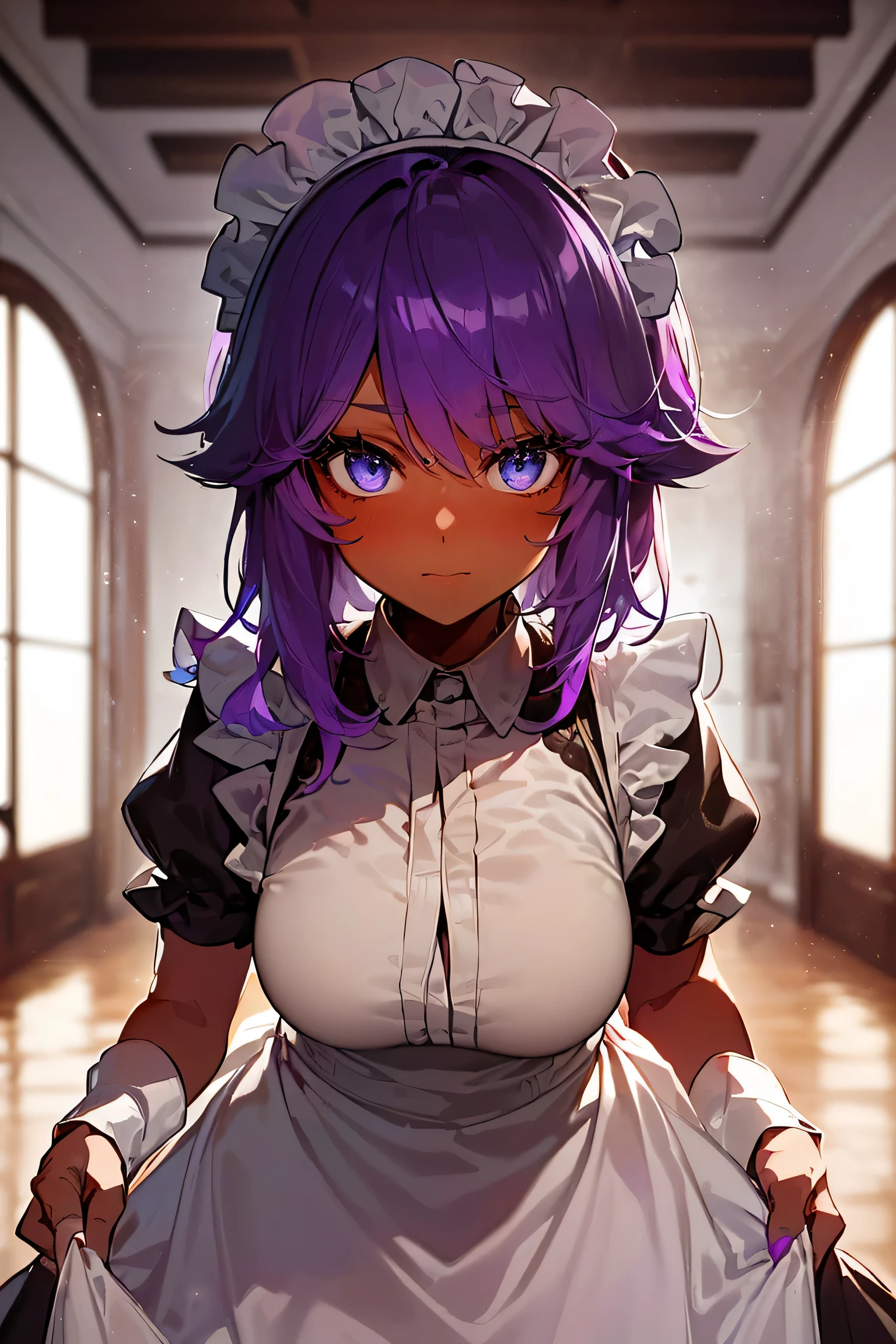 masterpiece, best quality,high resolution, 1girl, bokeh dof, glossy blue eyes, (dark skin:2) ,(Maid clothes:1.5), 1girl , indoor,mansion, Look at viewers, princess cut, cowboy shot, (outer dark brown colored hair, inner bright purple colored hair:1.75),
