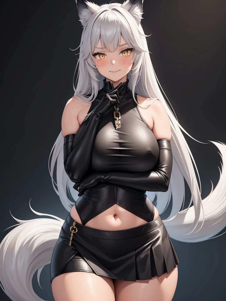 8K, Full body portrait, single young woman, especially detailed face, masterpiece, wallpaper, highlydetailed face, ultra-detailed face, beautiful and aesthetic wolf tailed girl, athletic body, big breasts, curvy, long hair, gray-silver hair, a young wolf woman, wolf ears, cute wolf tail, long wolf tail, fluffy wolf tail, wolf-like irises, beautiful, enchanting, bright yellow eyes, detailed eyes, ultra-detailed eyes, accurate eyes, detailed irises, correct body proportions, elegant, small vertical scar under right eye, small rosy lips, big breasts, slender elegant arms, pretty hands, detailed hands, charming, slight blush, smug smile, black edgpshorts with stylish metal chains and a black top, detached sleeves, light black armor, armored long bike shorts and skirt on top of them, two piece outfit, black armored fur cloack, black metal armor, bare off shoulders, toned abs, exposed belly, standing pose, cute pose, black thighigh on left leg, sole girl
