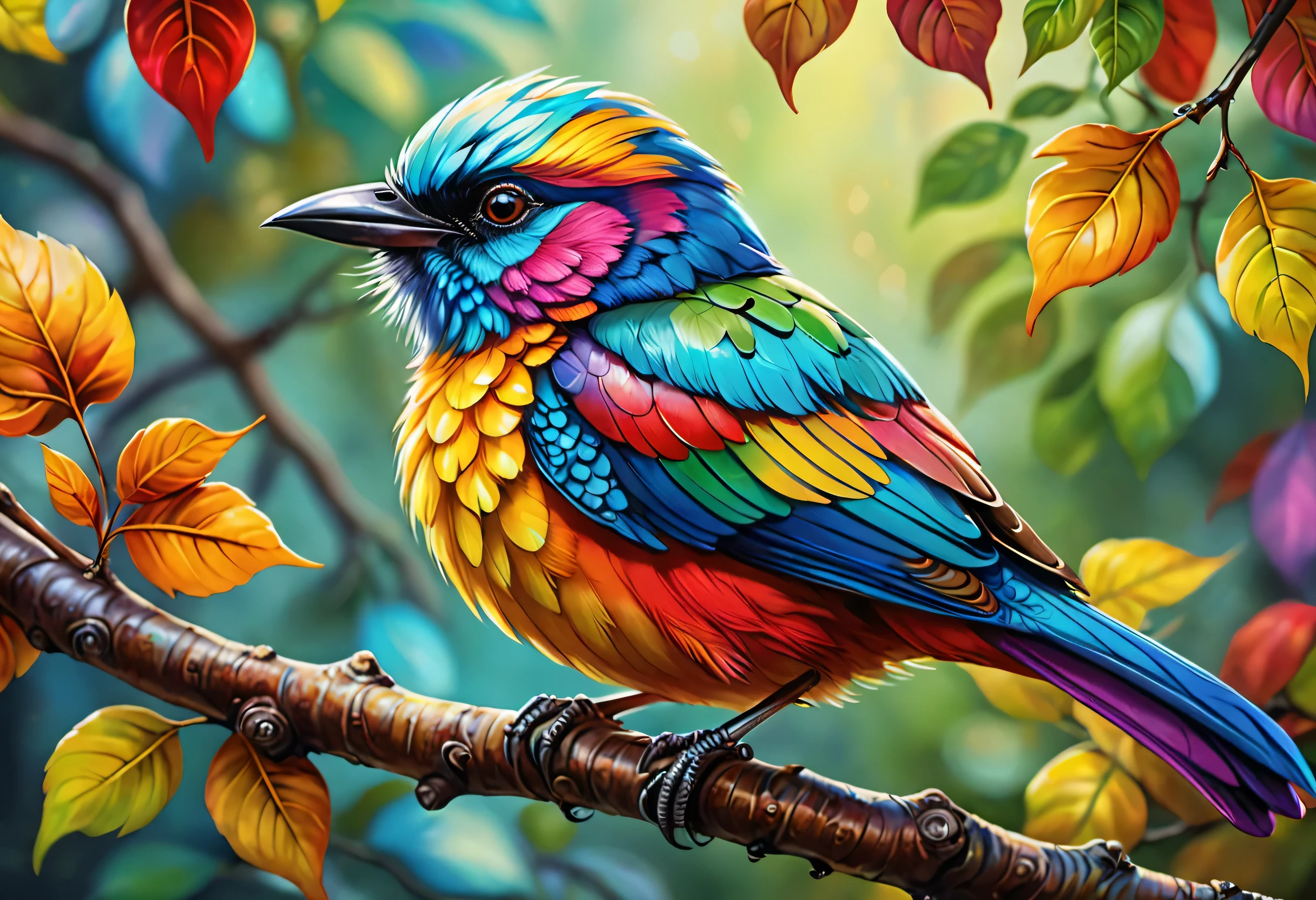 A brightly colored bird perched on a branch with leaves in the background, Realistic paintings inspired by Charles Bird King, Trending on Pexels, fantasy art, beautiful and colorful, Multicolored birds, beautiful colorful, colorful hd images, Beautiful bright colors, Long colorful bird, amazing colors, stunning colors, Rich in color and detail, Surreal Bird