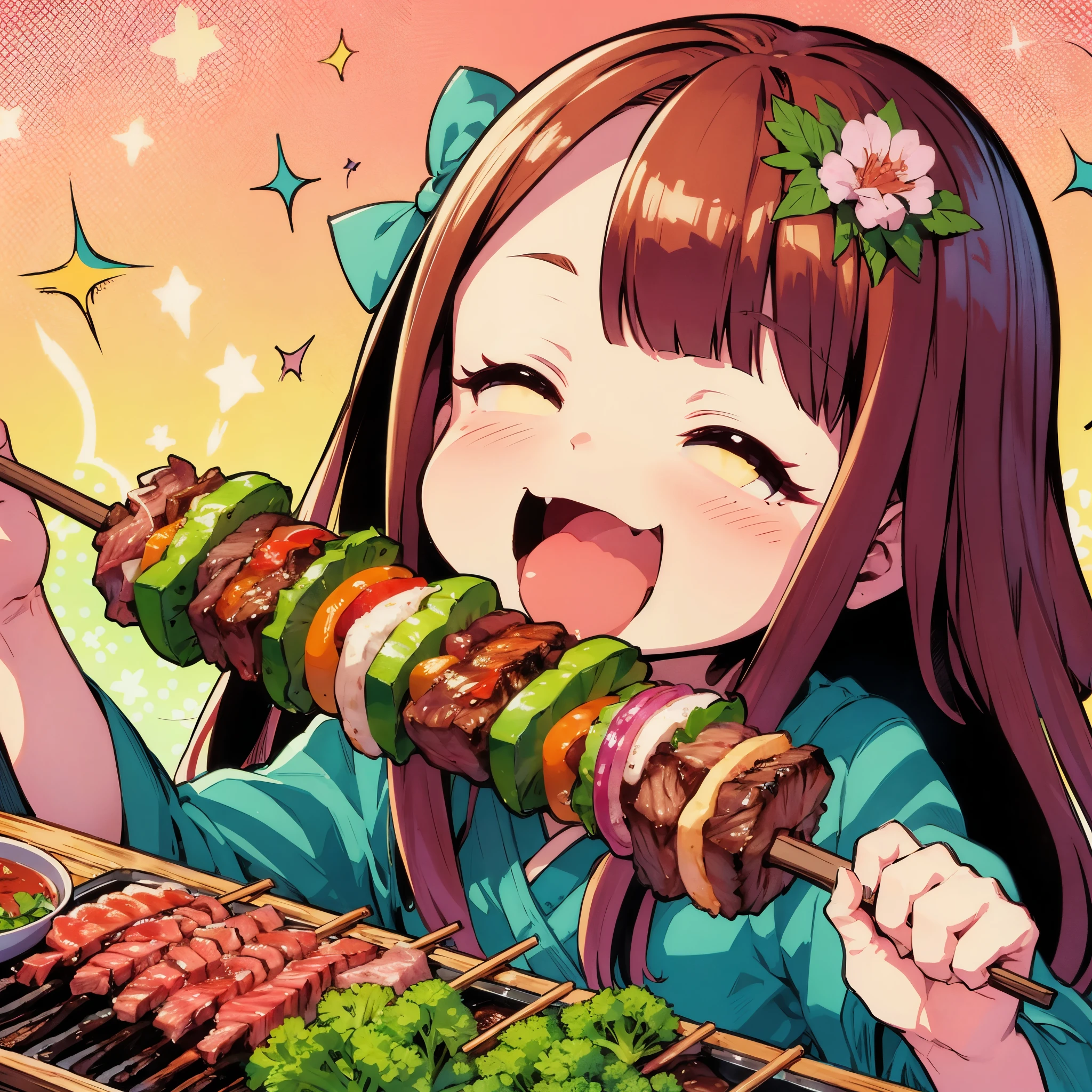 Vivid color anime illustration, line drawing, cel drawing, texture 1 girl, eating yakiniku, yakitori and steak next to it. Looks very tasty