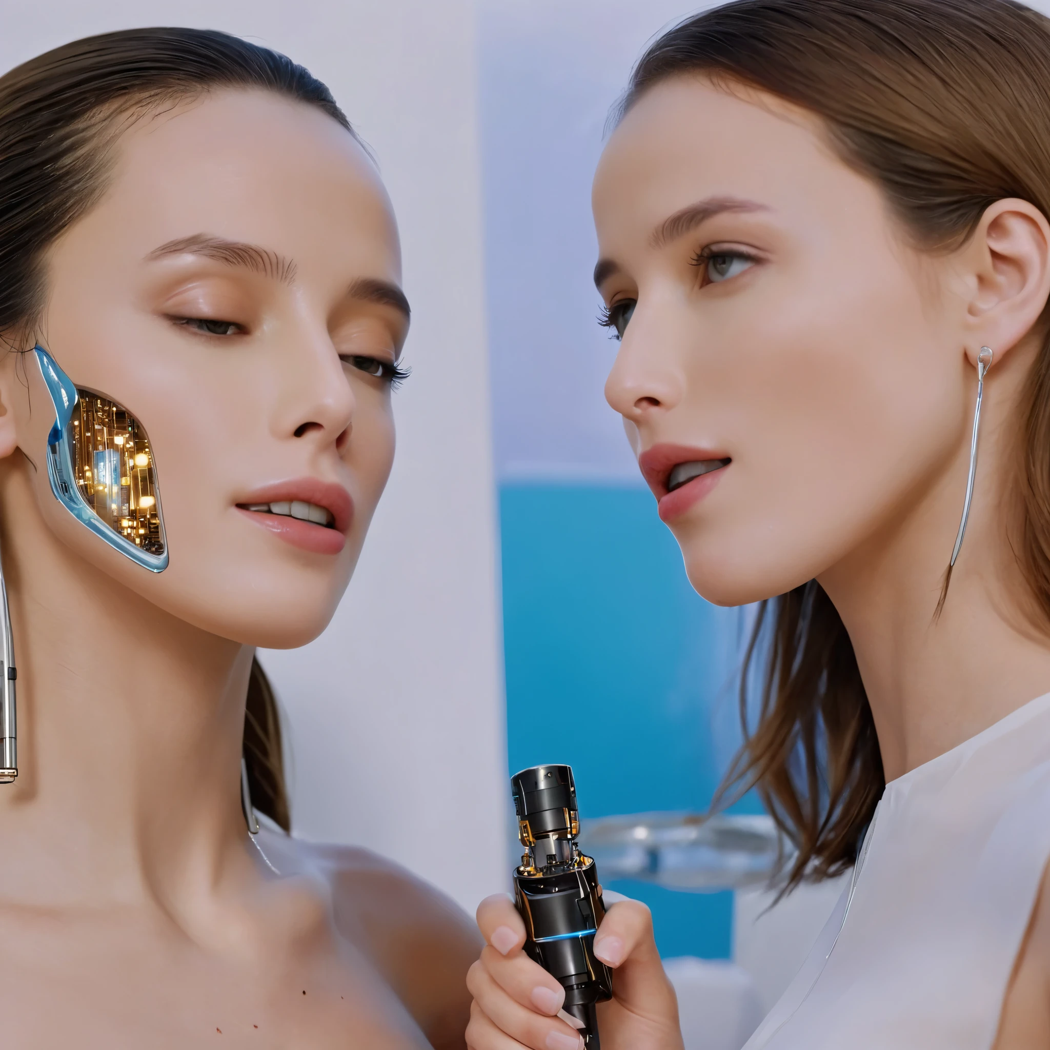 (Best Picture Quality, 4k, 8k, Hi-Res, Masterpiece:1.2), (Ultra-Detailed, Realistic, Graphic:1.37),(Top quality, real), (Three autonomous AI androids developed specifically for sex acts are on display at a corporate product exhibition: 1.3), Sex androids with realistic human characteristics, 1 of 3 Artificial skin has not yet been applied to the body except for the face.