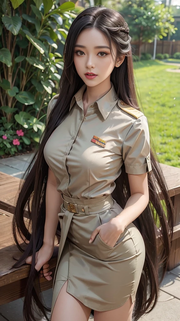 Khaki suit, khaki civil servant, Thai teacher uniform:1.3, Beautiful girl with extra long hair, Two meter long hair, Long hair that catches the eye, long black hair, Her hair is very long., Long, shiny hair, Long, thick, soft hair, Extra long hair, Dynamic posts, like full body, Short sleeve shirtสีกากี, short pencil skirtสีกากี, side cut, Decorated with military insignia., black high heels, The sexiest, small waist, hips raised, small thighs, Long legs, Huge breasts, Huge breasts:1.5, big breast, Very big breasts, Eye-catching breasts, A gigantic rift, Not completely covered, big breast, Huge breast, Big tits D, สาวTwo meter long hair, Beautiful face, red lips, Very shiny, แต่งBeautiful face, Military rank insignia, short pencil skirt, tight, Short sleeve shirt, tight fitting, in the background, blurred garden. ultra short skirt,